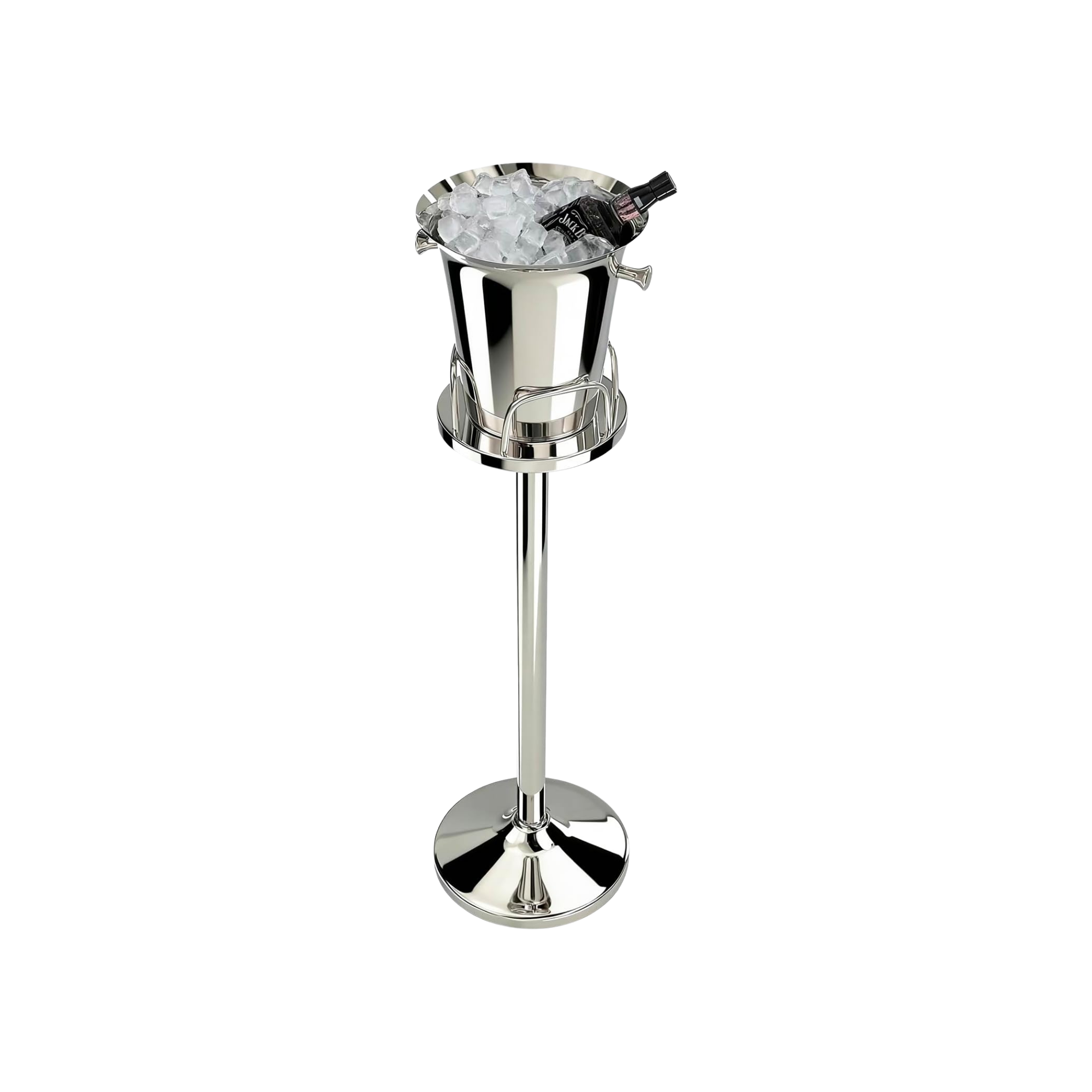 A stainless steel ice bucket filled with ice, containing a bottle of Jack Daniel's whiskey.