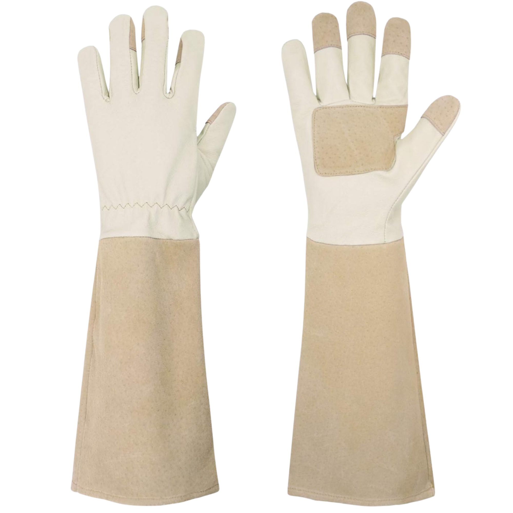 A pair of beige gloves with padded areas on the fingers and palms, designed for work or protection.