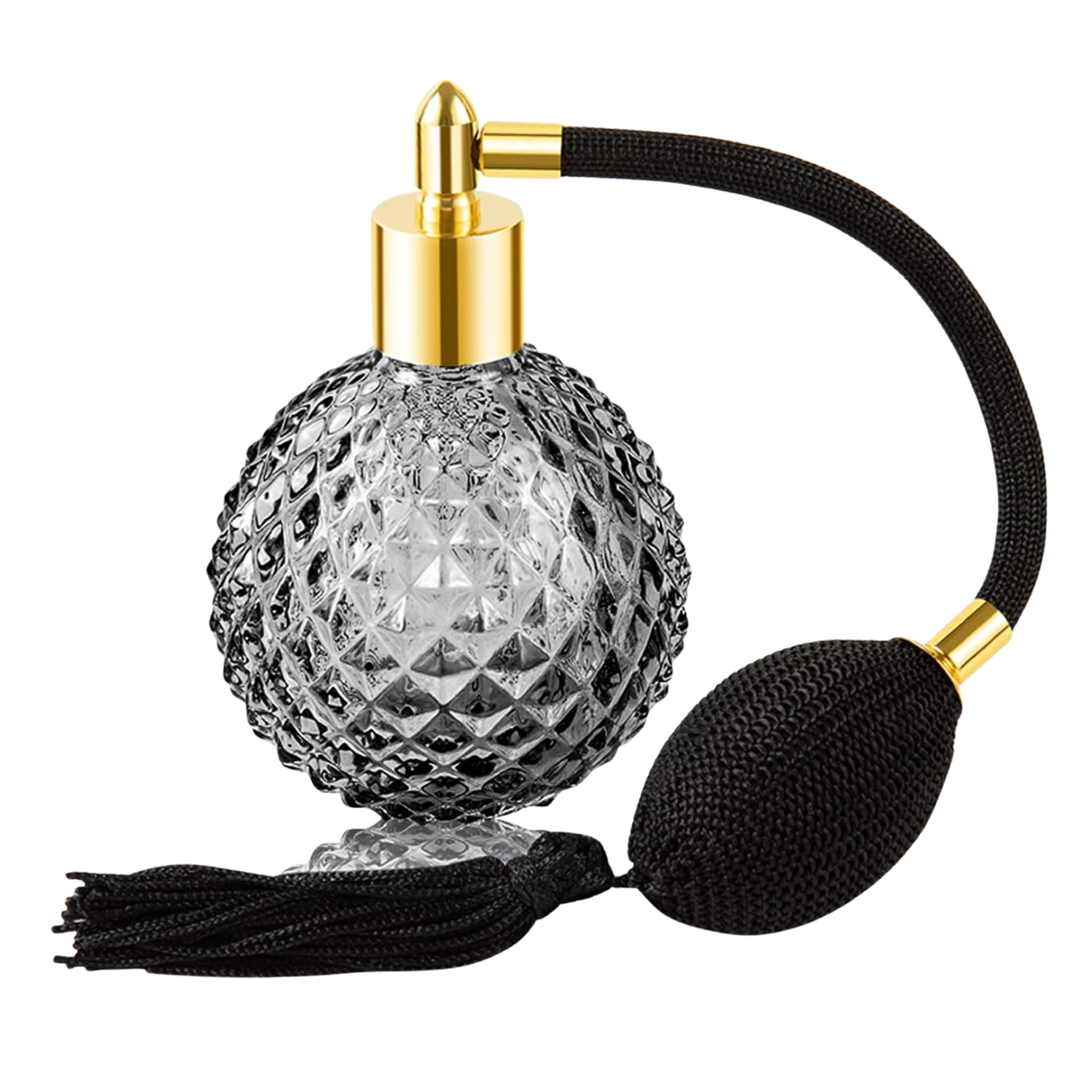 Close-up of a decorative perfume bottle with a diamond-patterned glass surface, gold accents, and a black textured hose attached to a gold fitting.