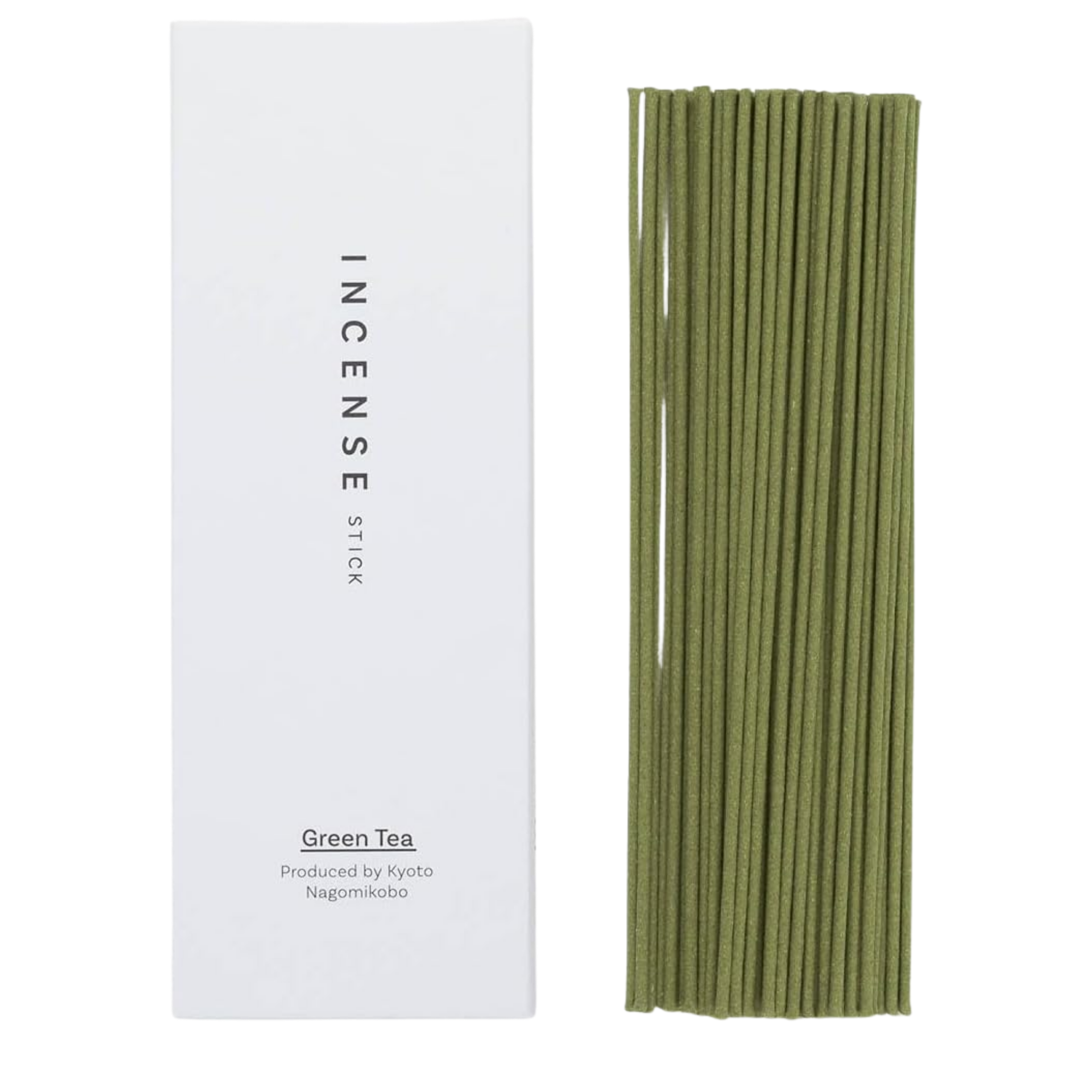 Package of Kyoto Green Tea with a white label and the tea inside visible, arranged vertically next to a similar package with green tea sticks.