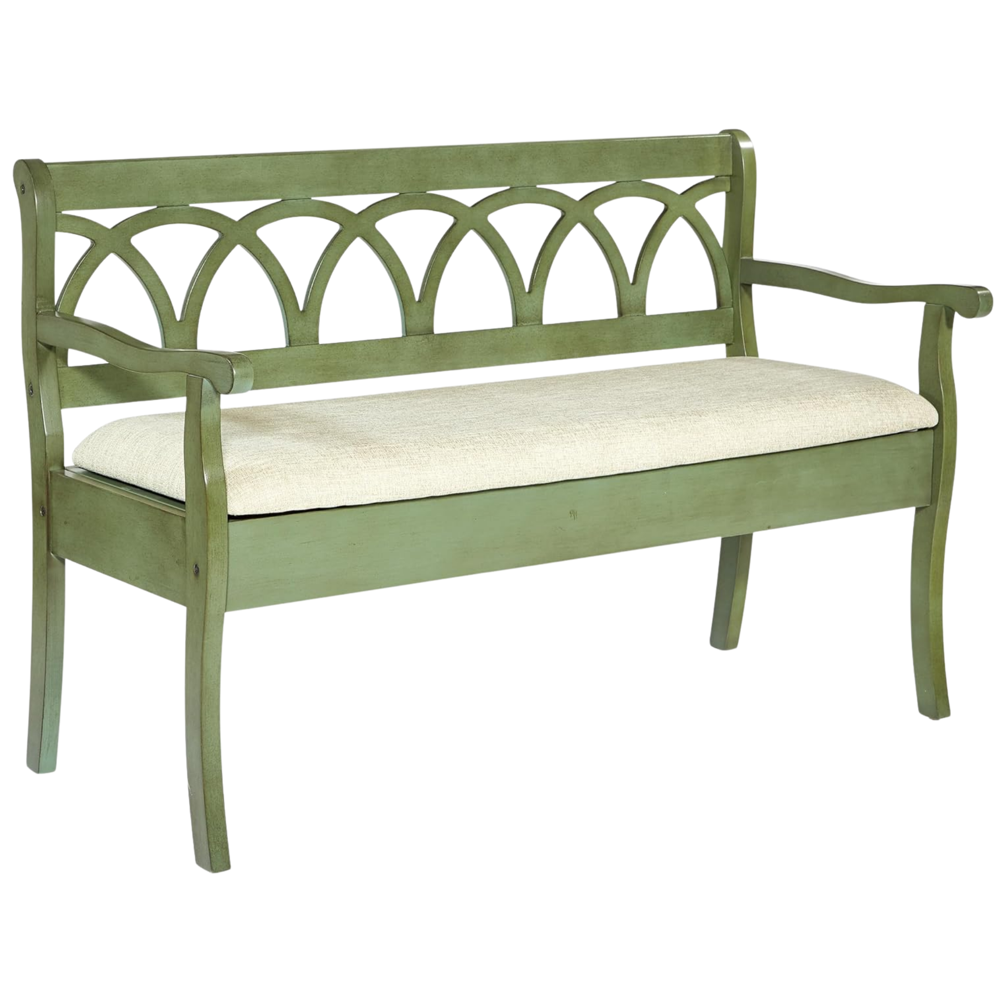 Green wooden park bench with arched decorative backrest and beige cushioned seat