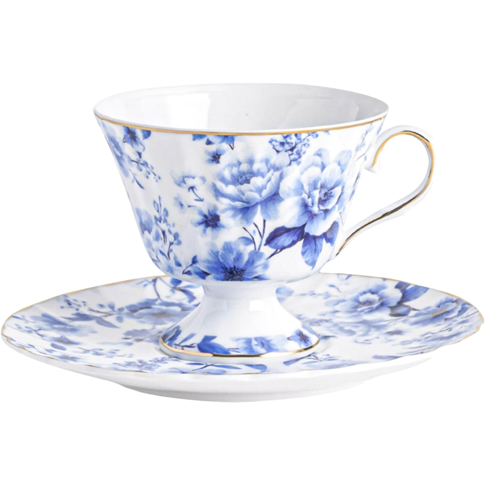Close-up of a porcelain teacup with a blue floral pattern and a gold rim, sitting on a matching saucer.