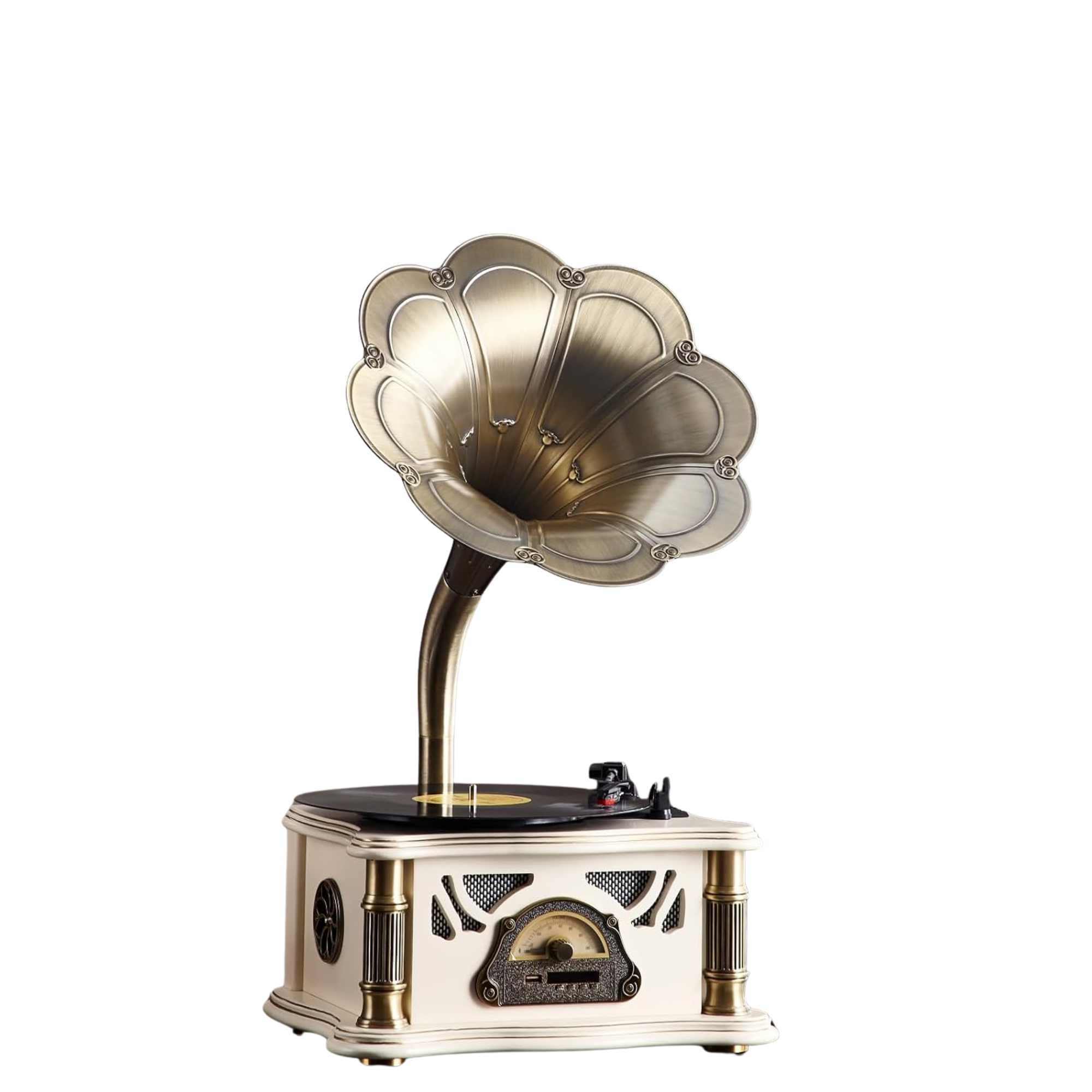 A vintage gramophone with a large, metallic horn, wooden base, and mechanical components on a small white table.