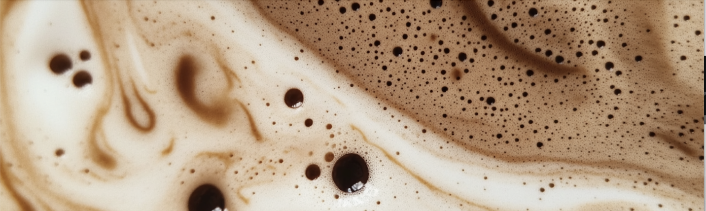 Close-up of coffee with frothy milk, dark coffee spots, and swirling patterns.