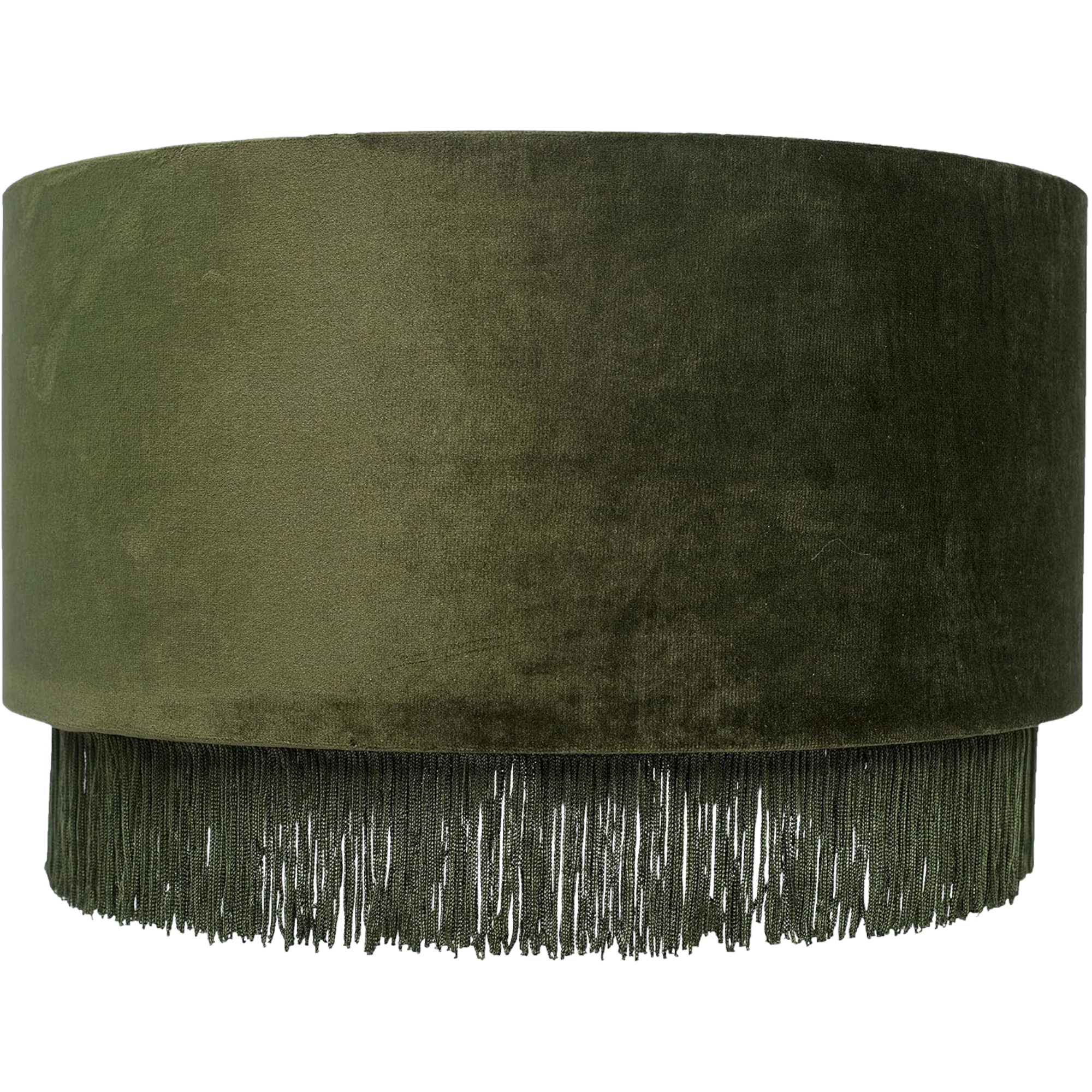 Close-up of an olive green lamp shade ringe of black fringe detail around the bottom edge.