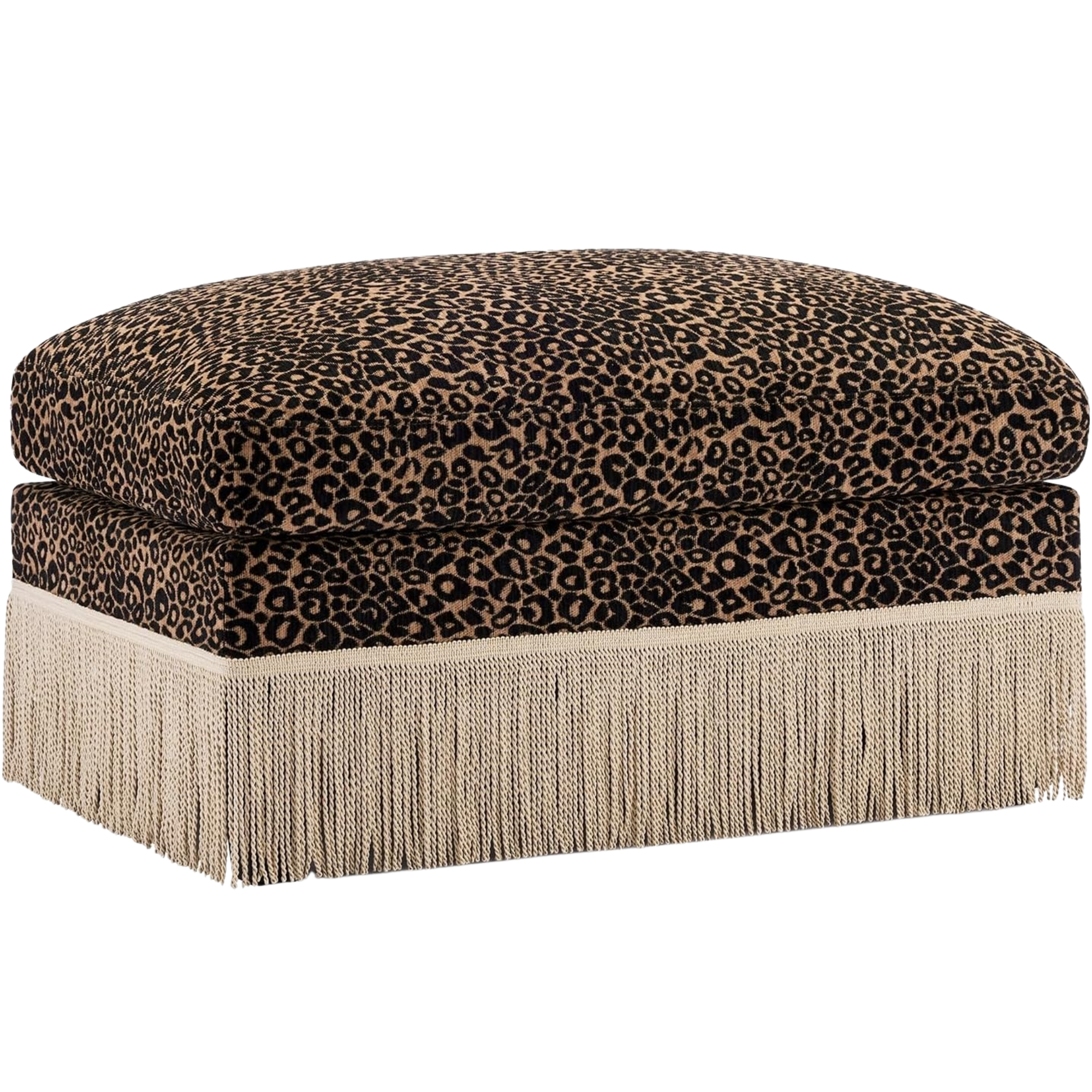 Leopard print pouf with beige mesh skirt at the base.