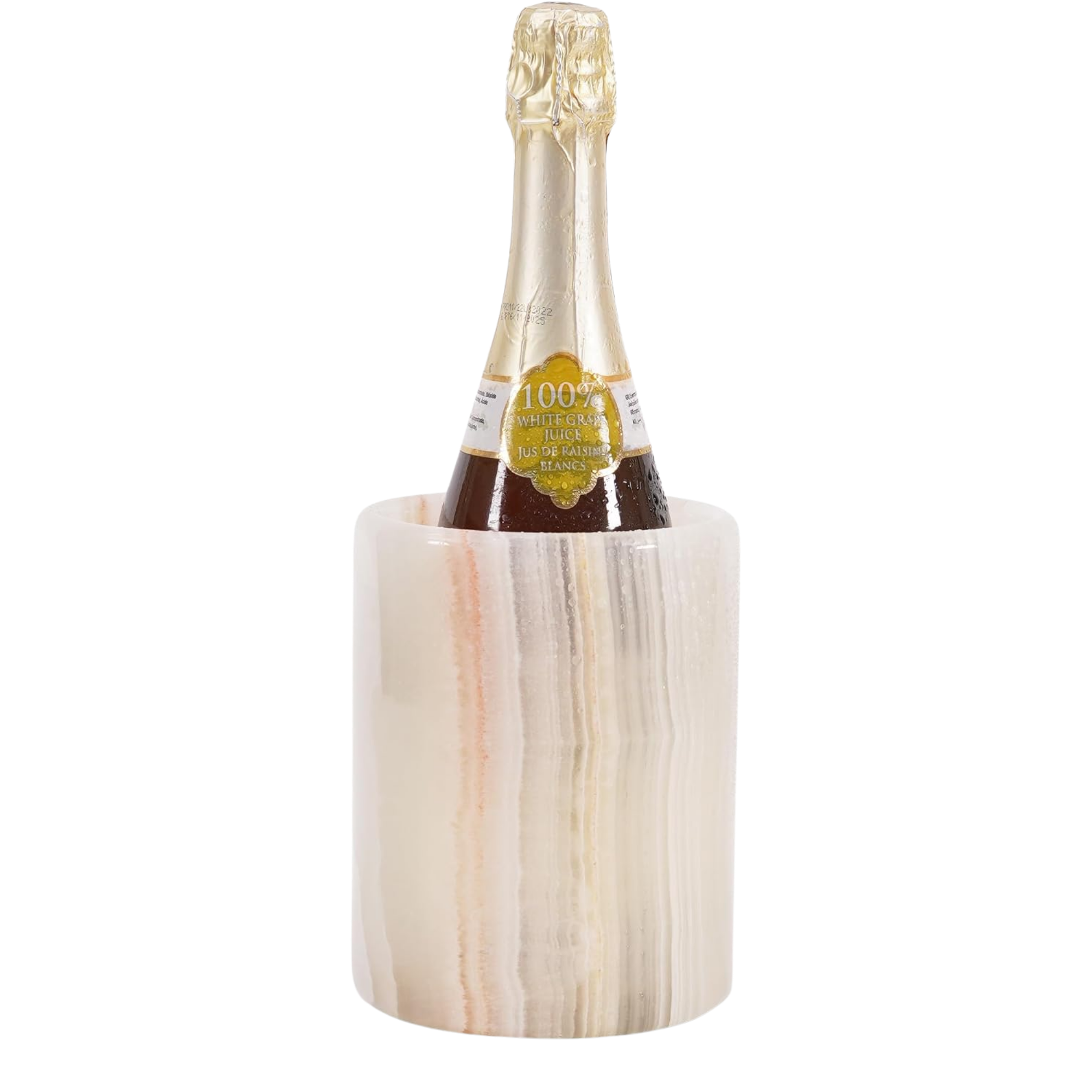 Close-up of a bottle of 100% white grape juice. The bottle has a golden foil top and a white label with gold accents, placed on a white stand or container.