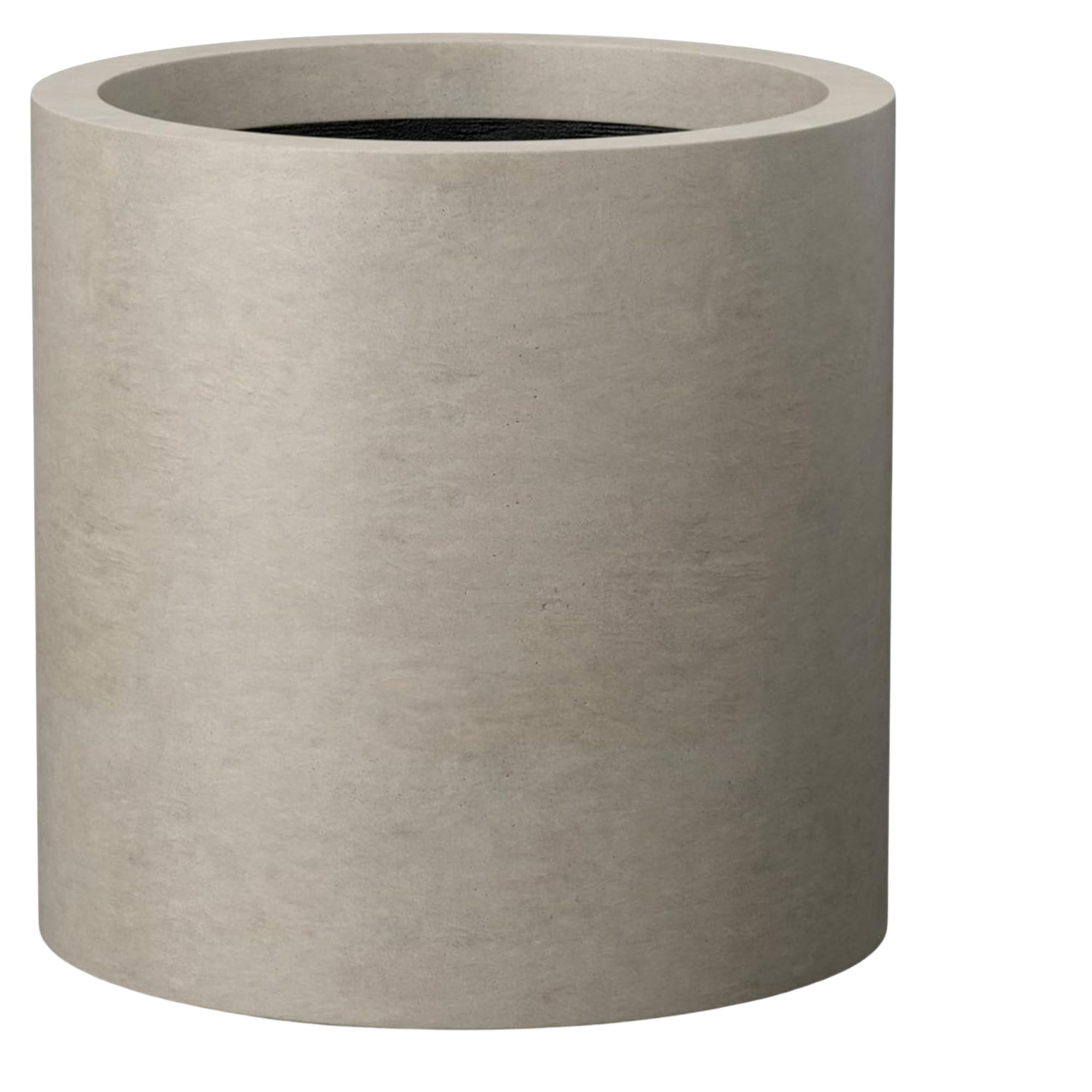A close-up of a cylindrical beige-colored concrete planter with an empty interior.