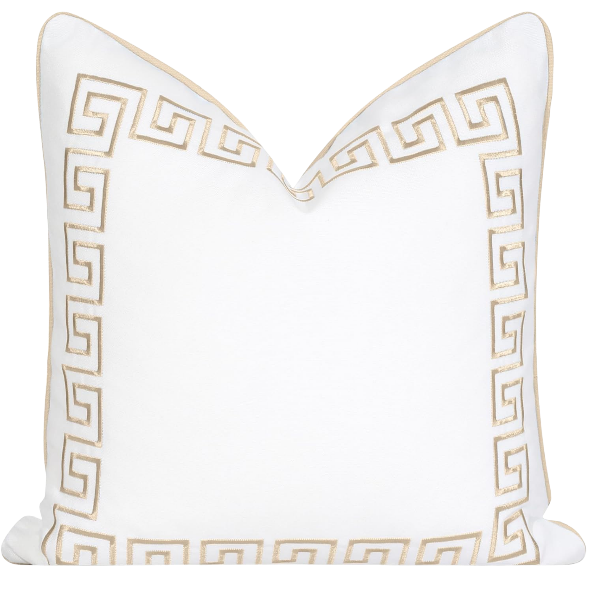 A white pillow with gold embroidered Greek key pattern along its edges and a yellow background behind it.