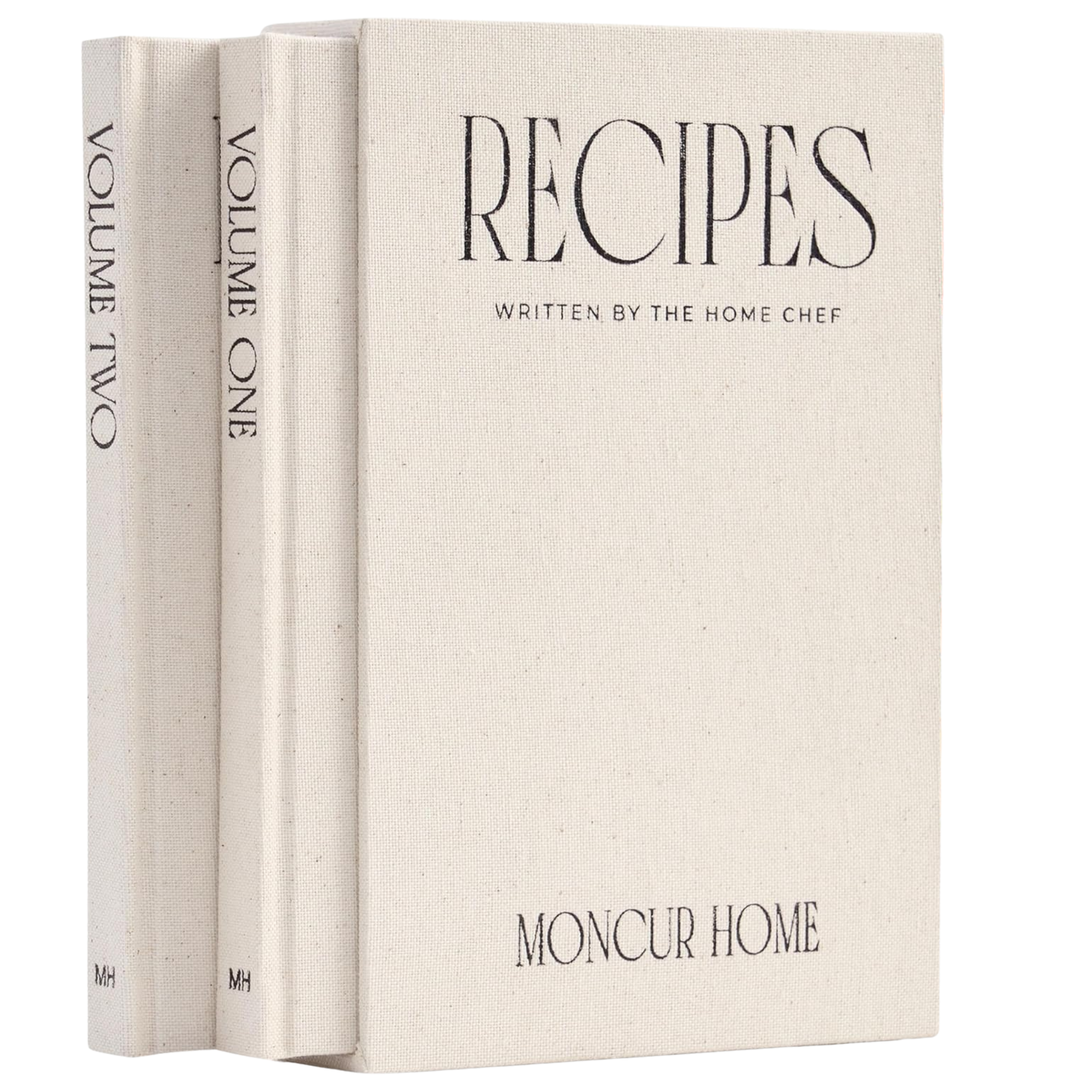 Three white hardcover books with black text on the covers and spines, titled 'RECIPES' and 'MONCURE HOME,' written by the Home Chef.