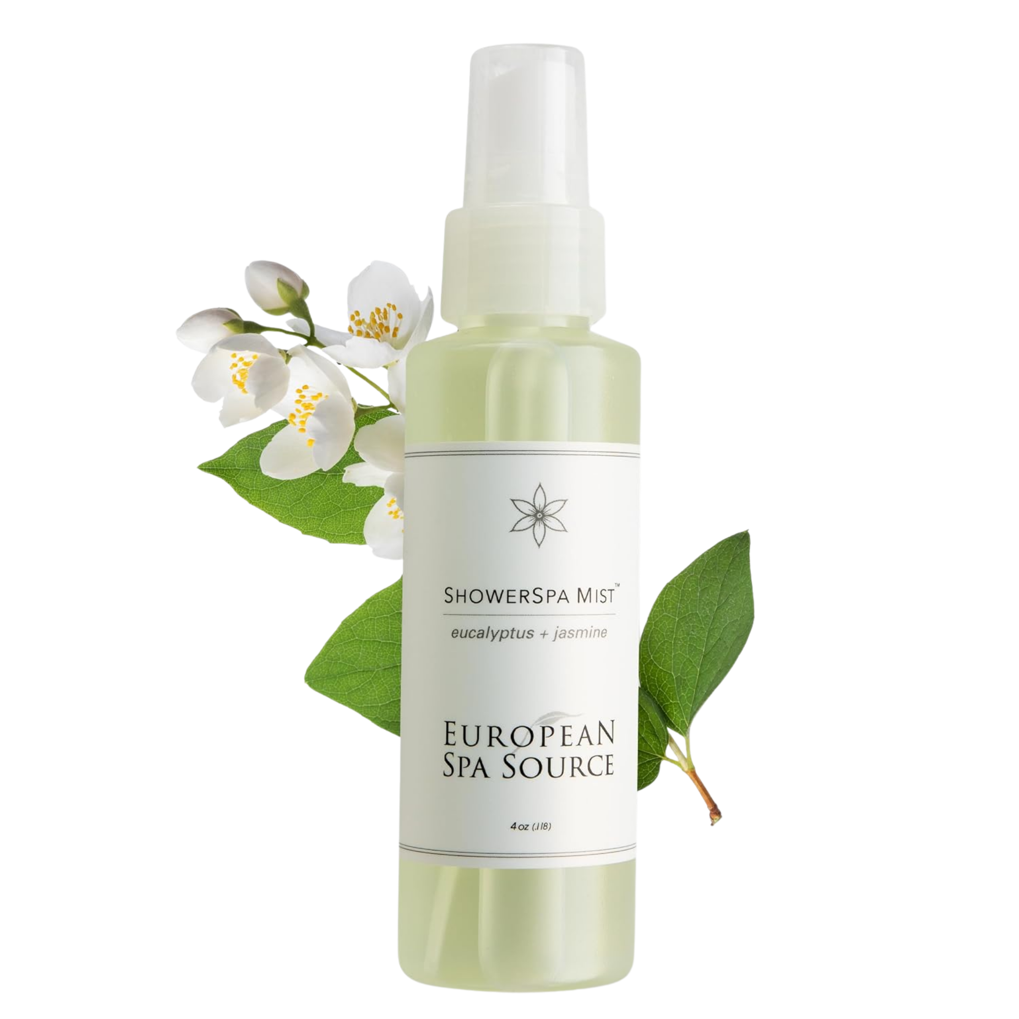 Bottle of European Spa Source eucalyptus and jasmine shower mist with white flowers and green leaves around it.
