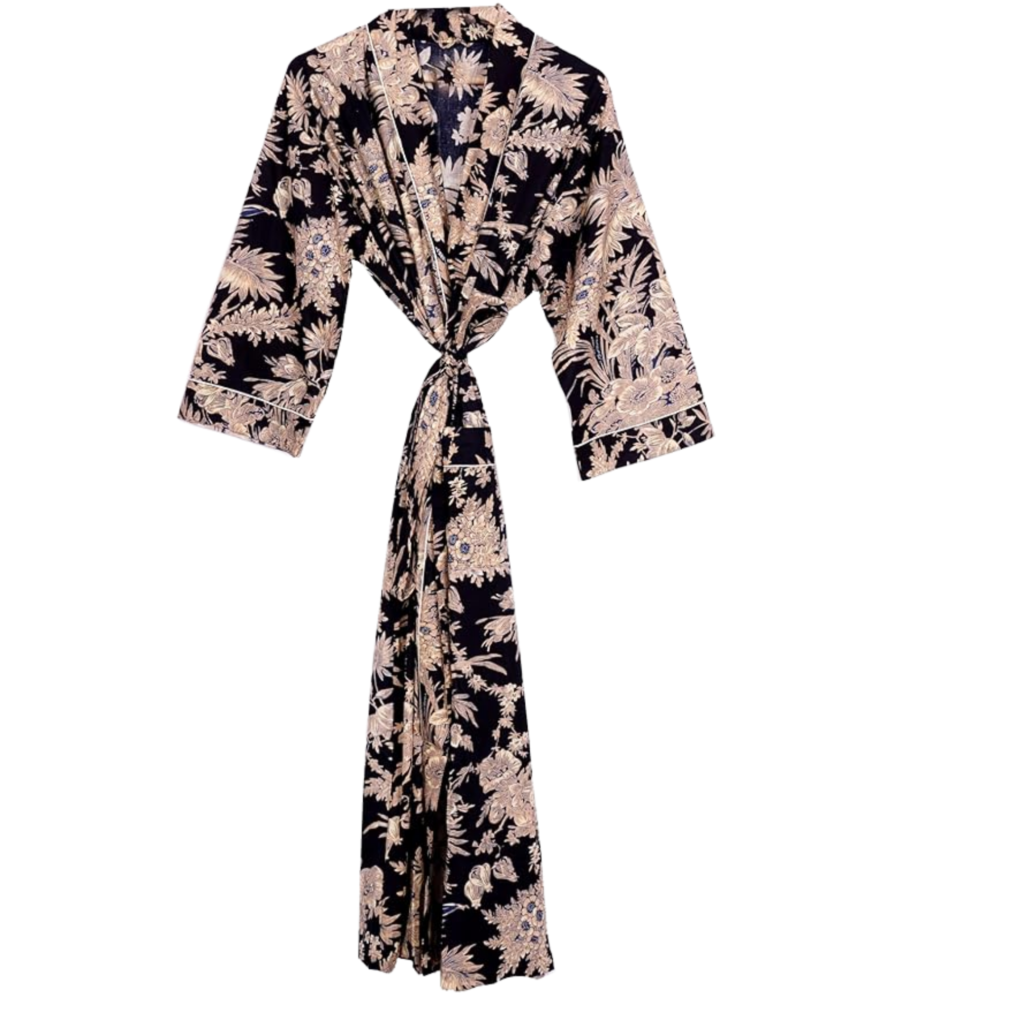 Black and beige floral patterned long sleeve robe