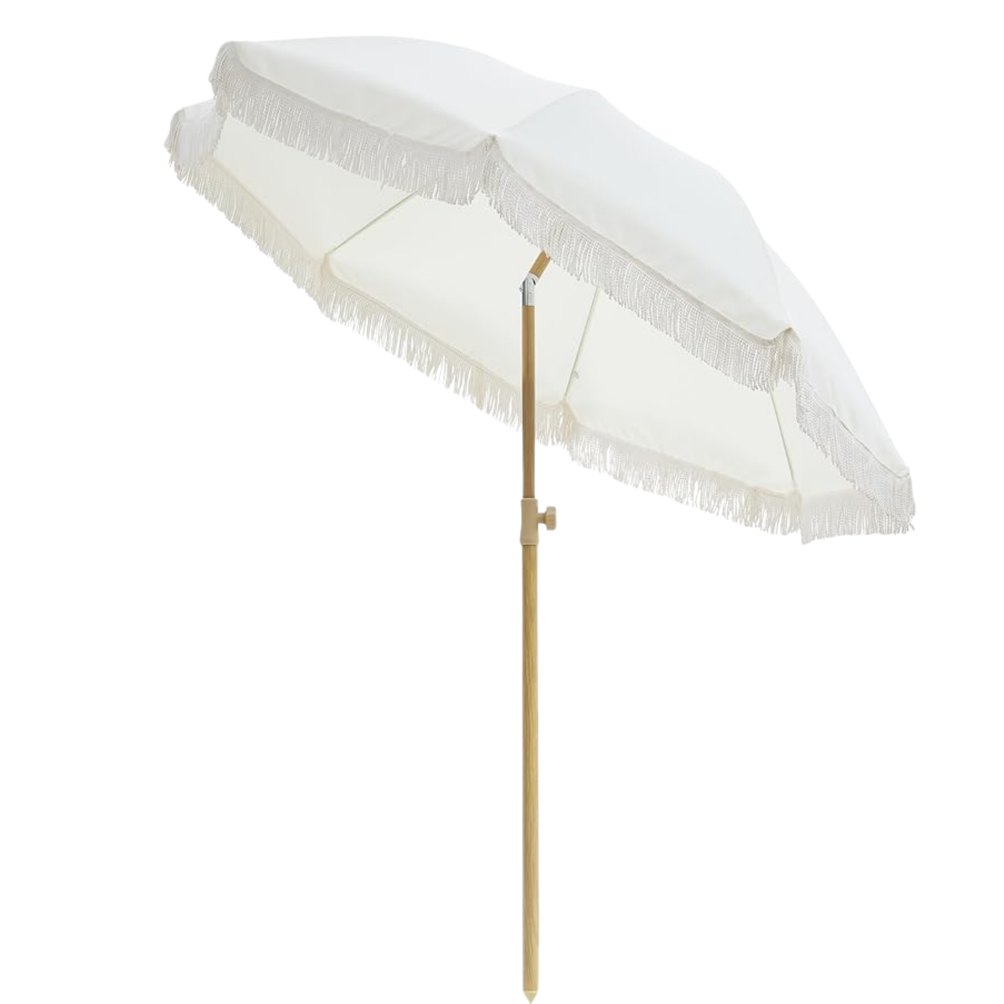 A white parasol with fringe detailing along its edges, supported by a wooden pole, set against a plain background.