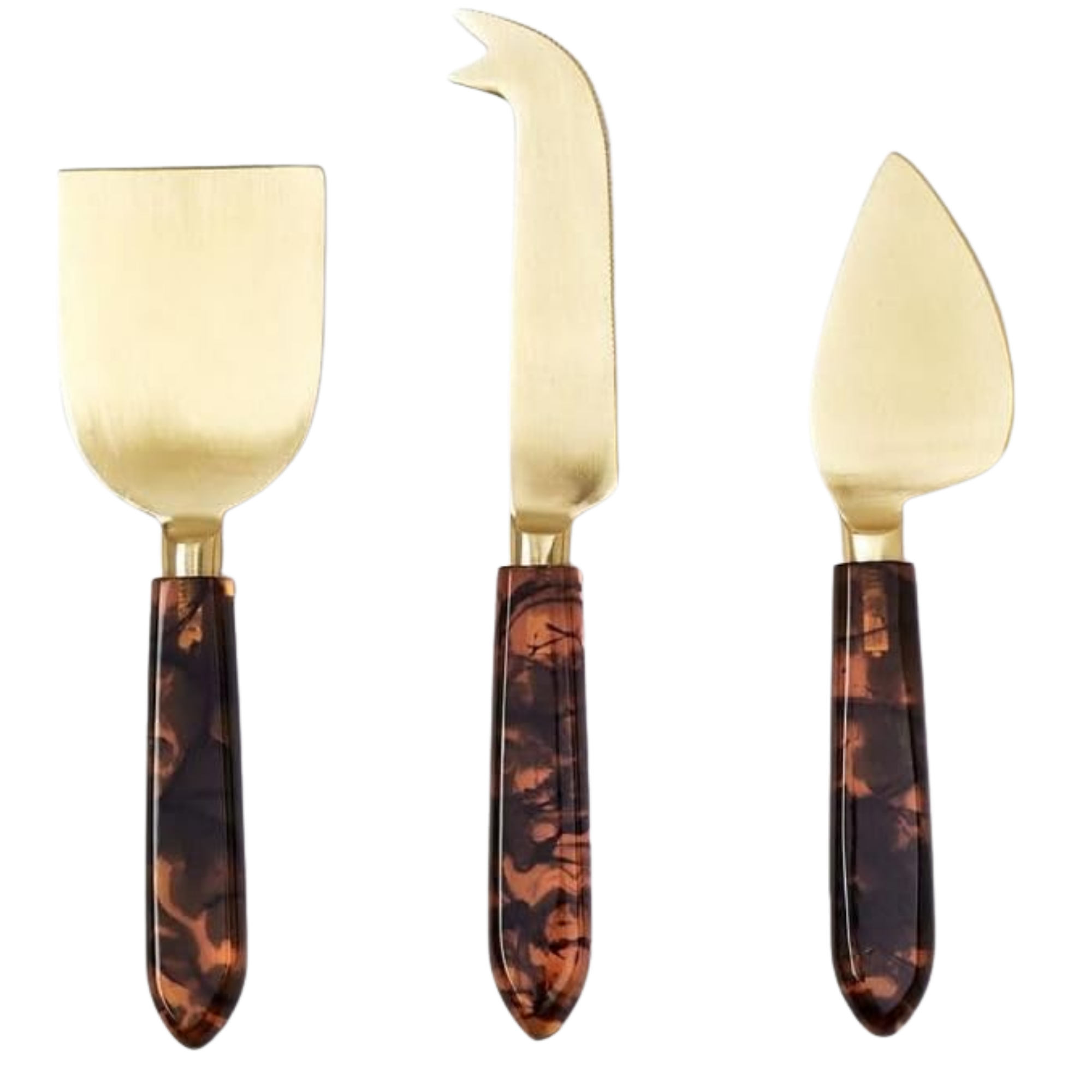 Four wooden spoons with dark marbled handles and cream-colored heads, arranged upright.