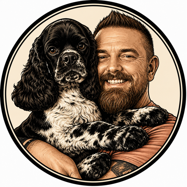 A man with a beard smiling and holding a black and white dog in his arms.