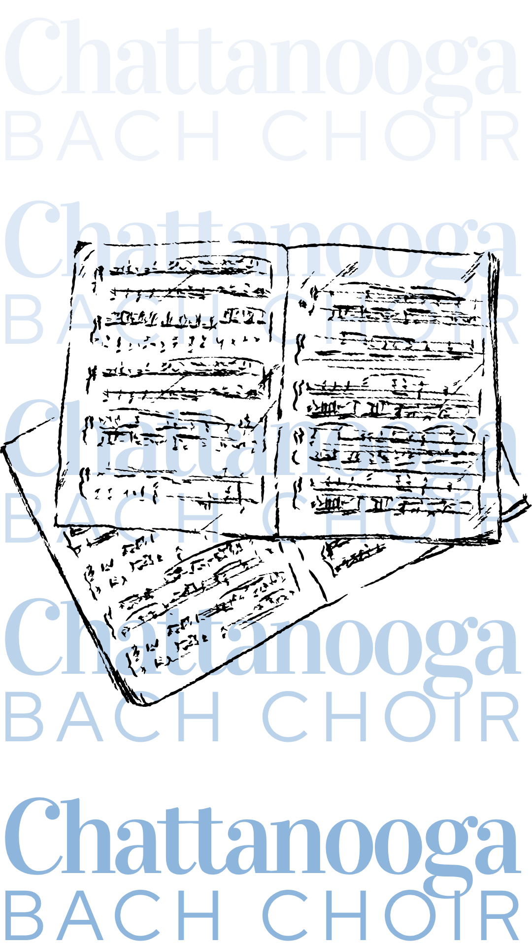 Repeated pattern of words 'Chattanooga Bach Choir' in different styles and shades of blue on a black background.