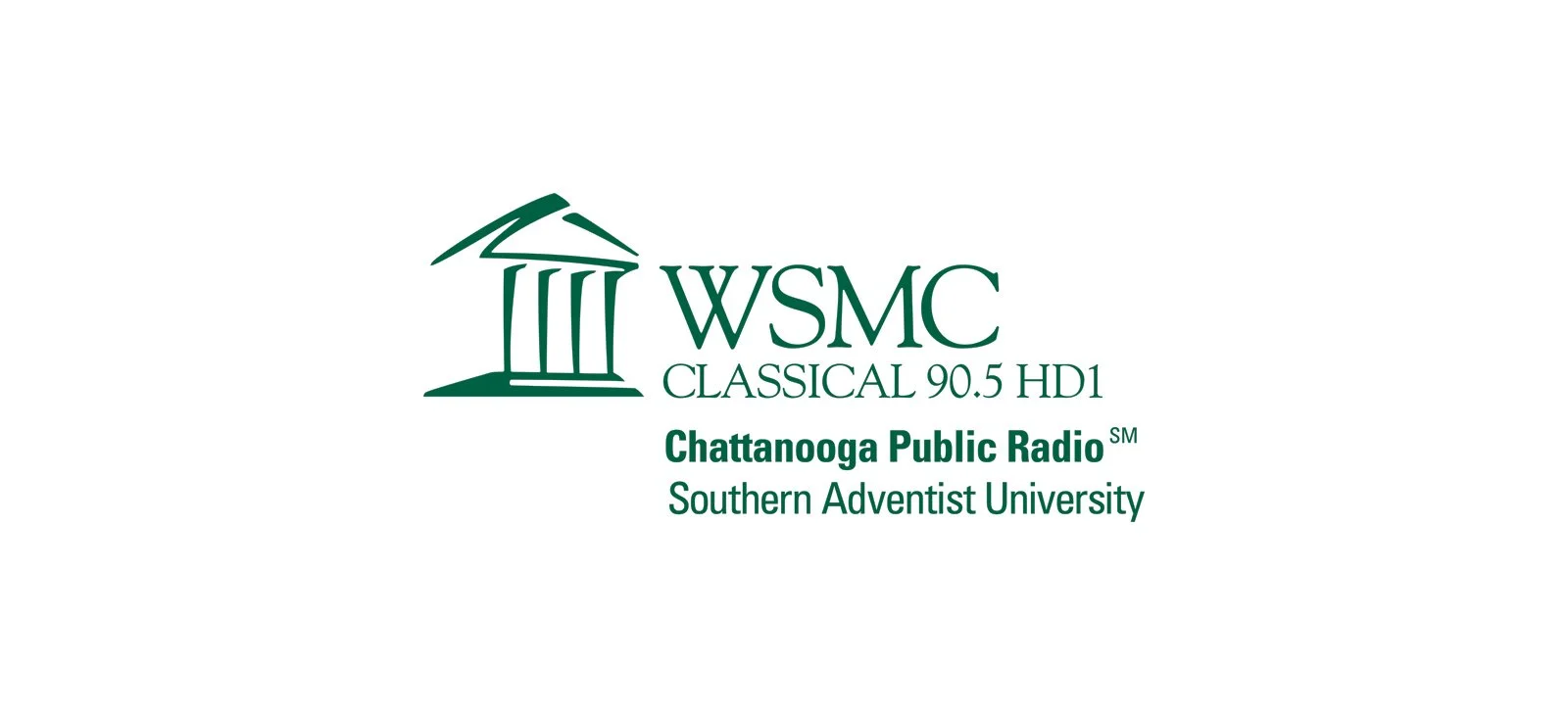 Logo of WSMC Classical 90.5 HD1 Chattanooga Public Radio, Southern Adventist University, featuring a stylized building with columns.