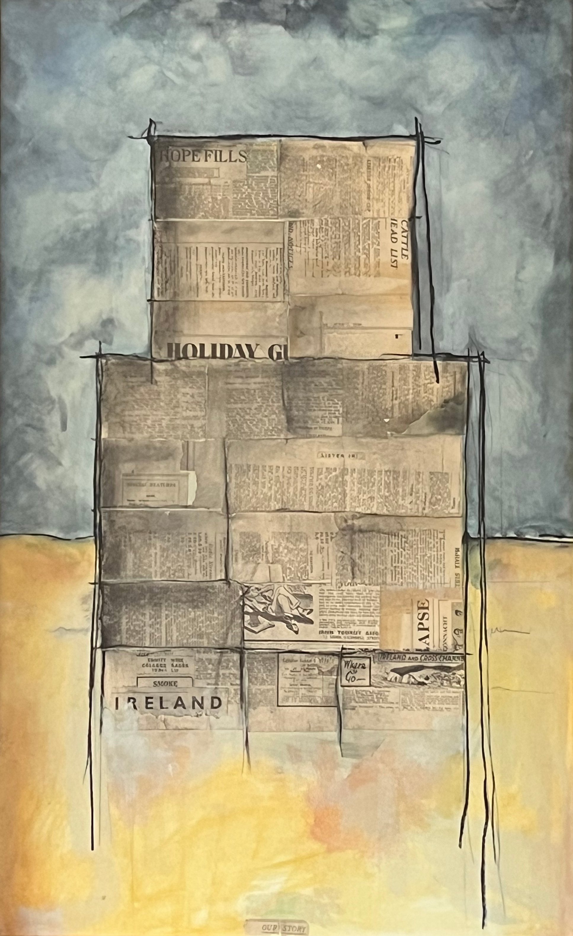 A painted mural resembling newspaper pages stacked in a column, with a background depicting a cloudy sky and a yellow horizon, outlined with black lines.