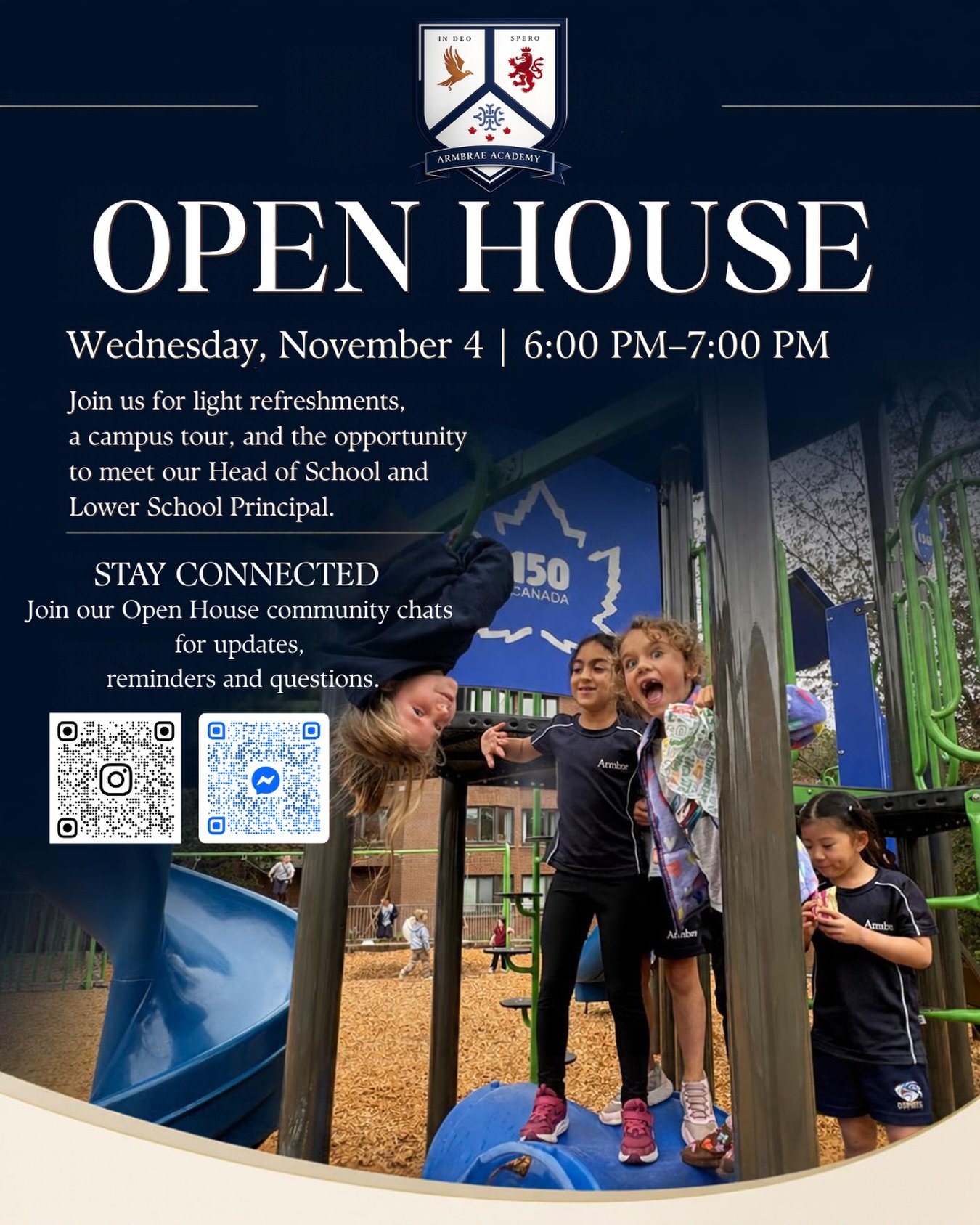 We&rsquo;re opening our doors for our Lower School Open House on Wednesday, November 4, from 6:00&ndash;7:00 PM.

Explore our campus, meet our Head of School and Lower School Principal, and discover more about life at Armbrae.

Have questions before 