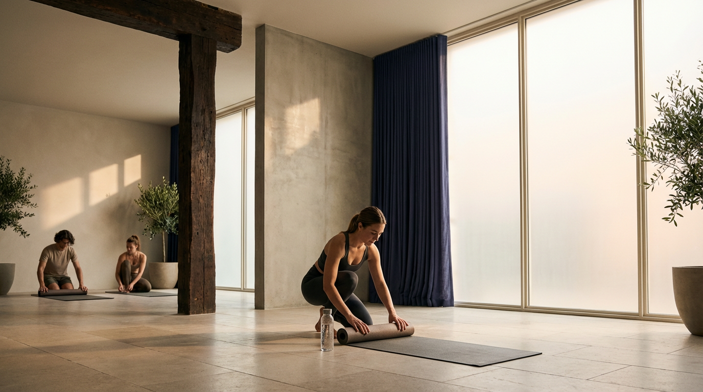 Three women in a yoga class, one in the foreground kneeling and rolling out a yoga mat, two others in the background on their mats, in a spacious, well-lit room with large windows, potted plants, and wooden and concrete decor.