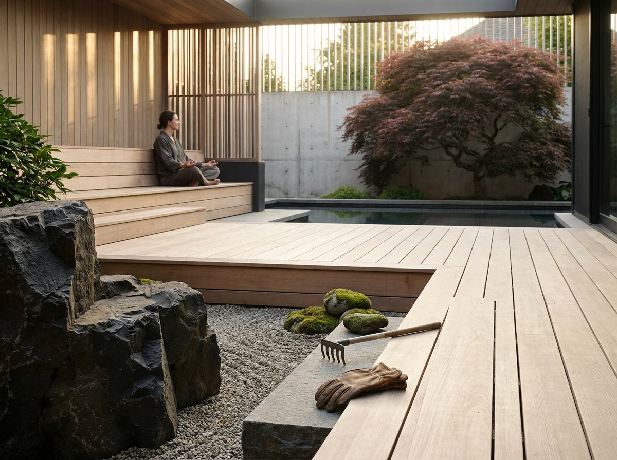 A person sitting in a meditation pose on a wooden deck with Japanese-style landscaping, including rocks, moss, and a small pond with a pink Japanese maple tree in the background.