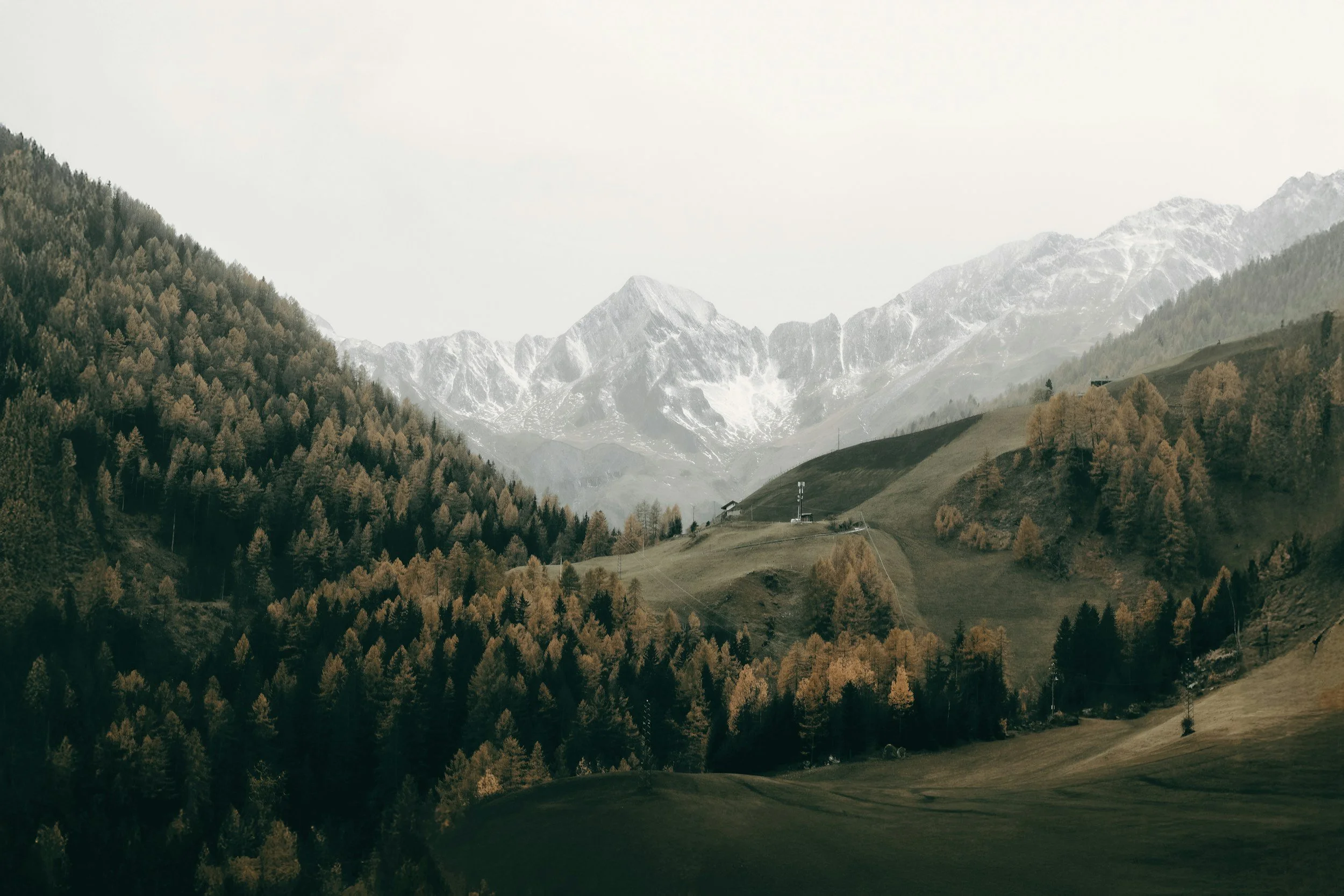 Scenic view of snow-capped mountains, forested hills, and a small house in a rural landscape.