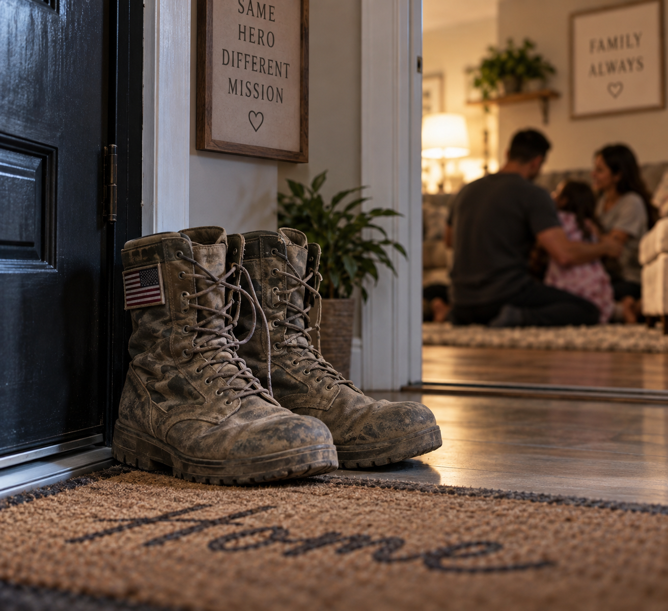 Military boots left by the front door, symbolizing the difficult transition from operational deployment to family life.