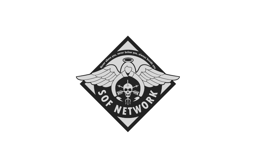 A black background featuring a logo with a white angel-like figure with wings and a halo, holding a skull with a sword through it. The logo includes the text "Never above you, never below you, always beside you" at the top and "SOF NETWORK" at the bo