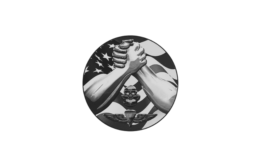 A black-and-white illustration of two arms clasped together in a handshake, with an American flag in the background, a skull in the center, and a winged emblem below.