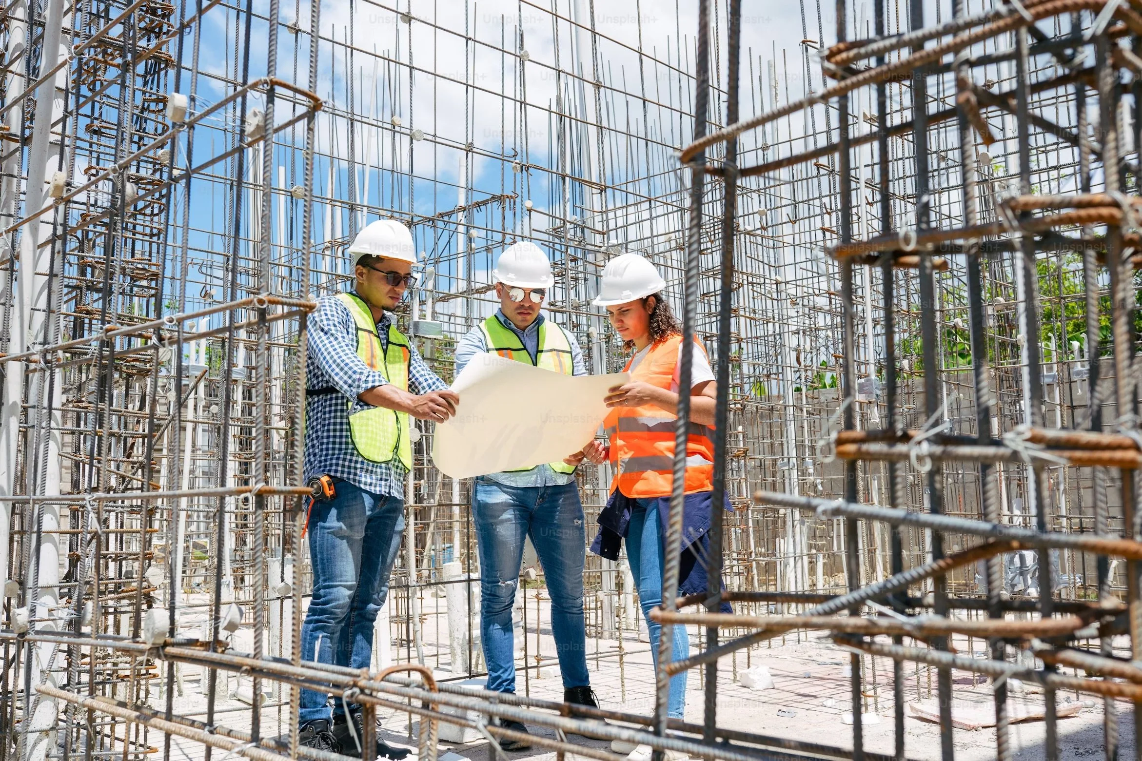 Three construction workers, two men and one woman, wearing white safety helmets and vests, are standing among metal rebar at a construction site, reviewing large blueprints under partly cloudy sky.