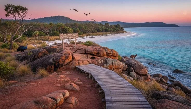 Scenic view of a rocky coastline at sunset with a wooden pathway, birds flying in the sky, and wildlife including kangaroos and an echidna among trees and rocks.