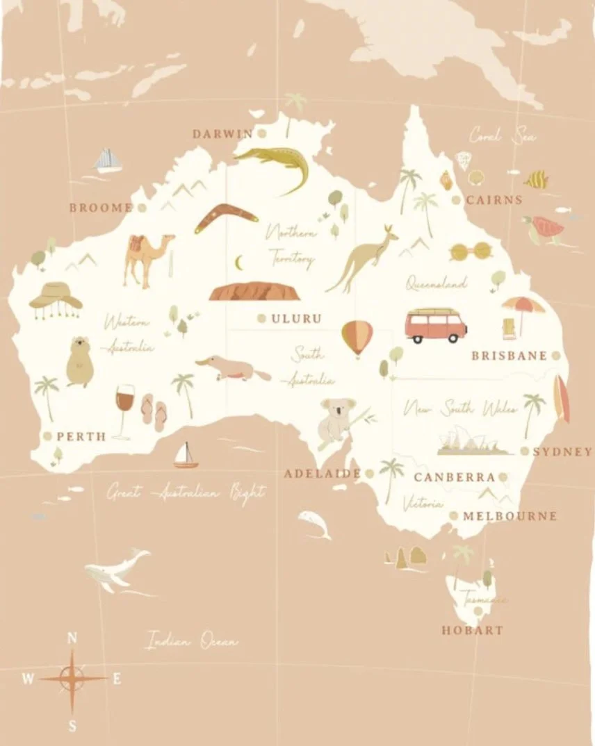 A stylized map of Australia with illustrations representing different regions, such as animals, landmarks, and cultural icons. Notable regions include Darwin, Broome, Uluru, Perth, Adelaide, Canberra, Sydney, Melbourne, and Hobart.
