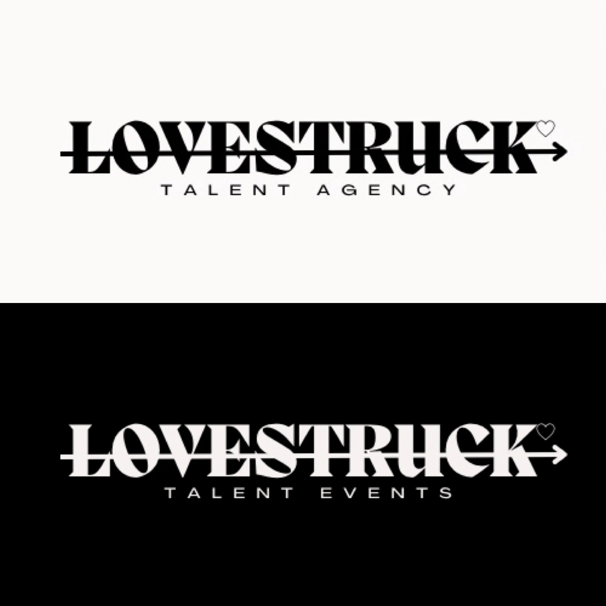 Black and white graphic design featuring the words 'Love Shock Talent Event' with a heart and arrow accent.
