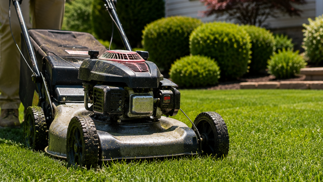 A lawn mower on freshly cut green grass in a garden with bushes and plants in the background.