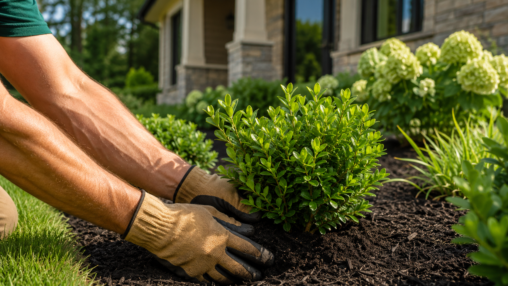 Person planting a green shrub in freshly tilled dark soil in a garden with a house and blooming hydrangeas in the background.