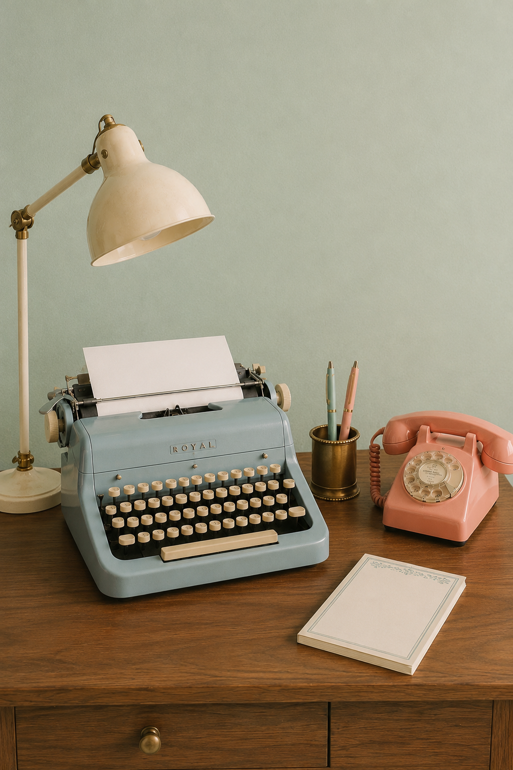 A vintage pink rotary phone, a light blue typewriter, a gold pen holder with pastel pens, a pink rotary phone, a notepad, and a white desk lamp on a wooden desk against a light green wall.