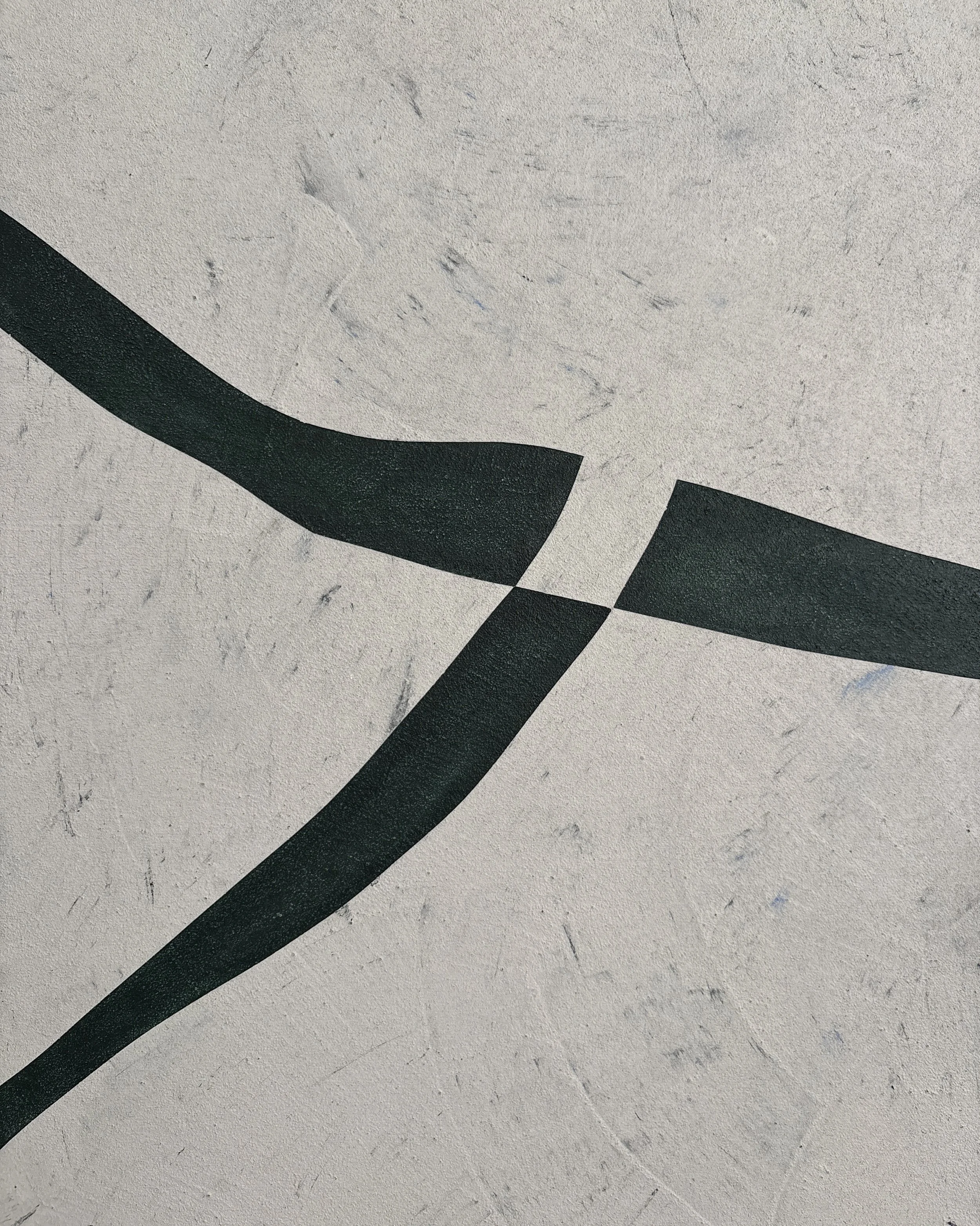 Detail of Muga, an original abstract painting by Guillermo Capella, showing intersecting deep green-black forms over a textured mineral grey surface.