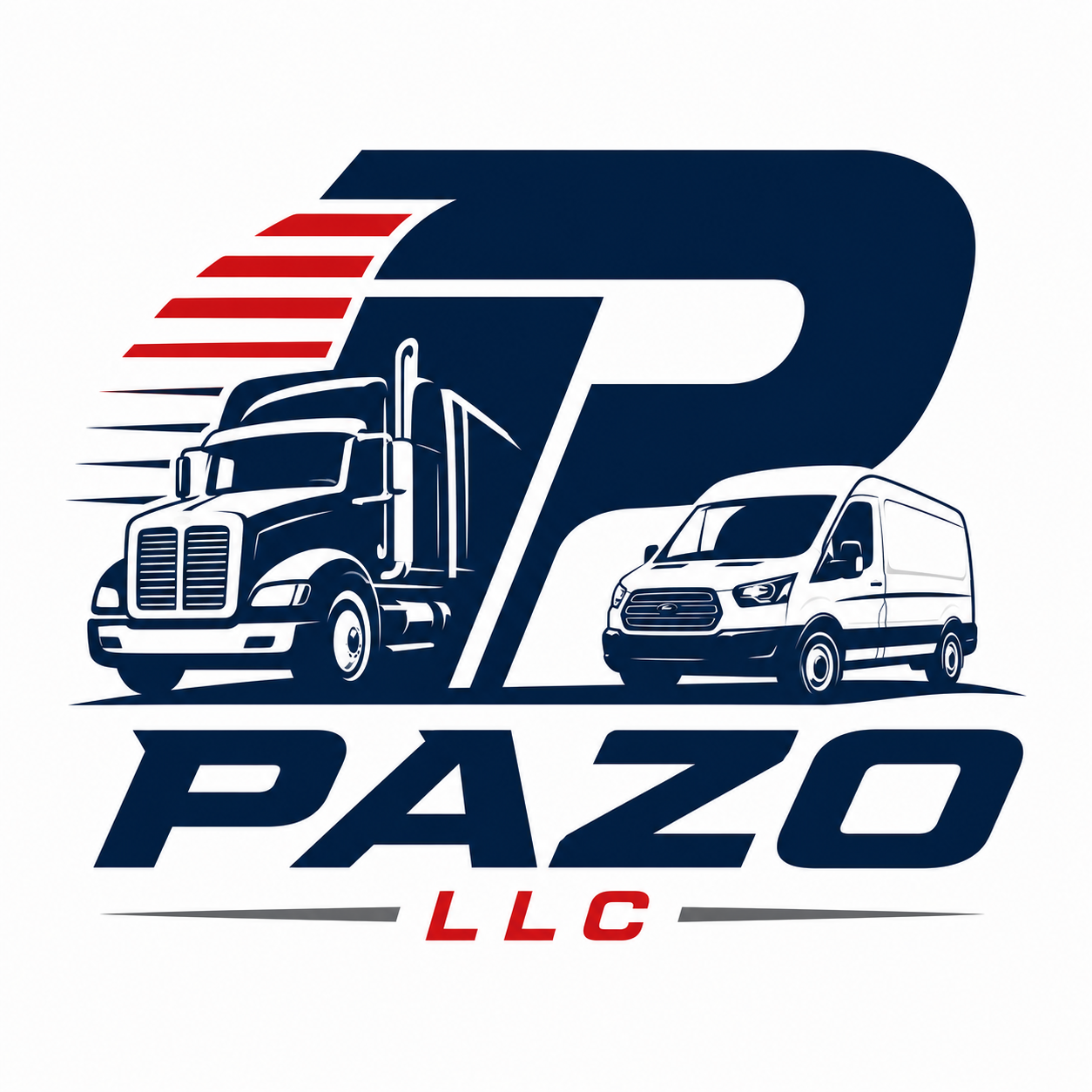 Logo for Pazo LLC featuring outline images of a semi-truck and a cargo van with stylized red and blue elements.