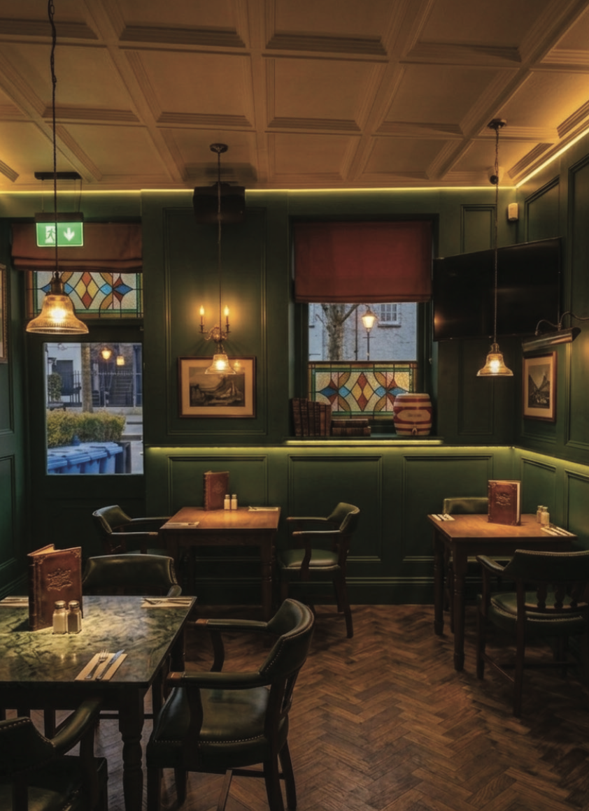 Interior of a cozy restaurant with dark green walls, wooden tables and chairs, stained glass windows, and warm ambient lighting.