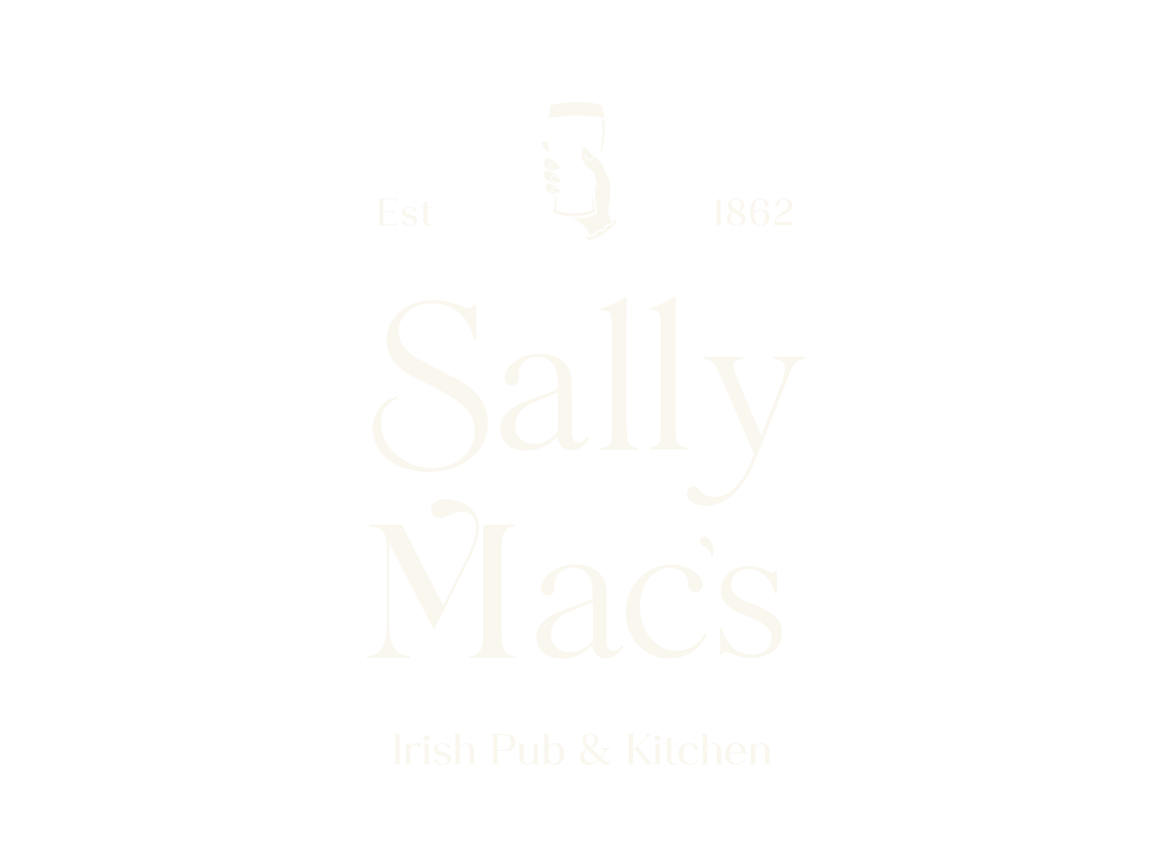 Black background with white text reading 'Salty Maccs Est 1862 Irish Pub & Kitchen' and an illustration of a hand holding a pint glass of dark beer.