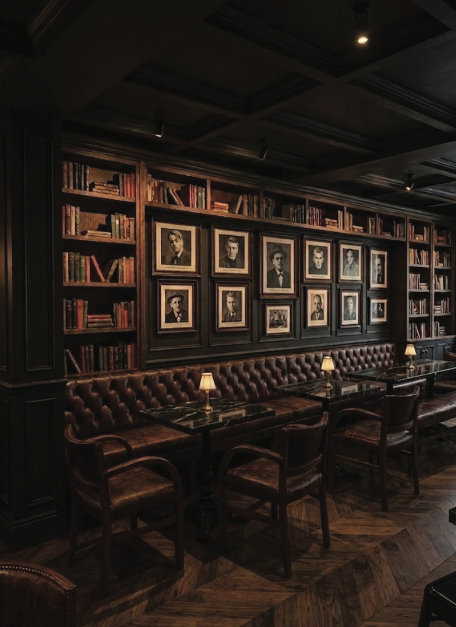 A cozy, vintage-style library or lounge with dark wood paneling, built-in bookshelves filled with books, and framed black-and-white portraits on the wall. There are leather tufted chairs and small lamps on black marble-topped tables.