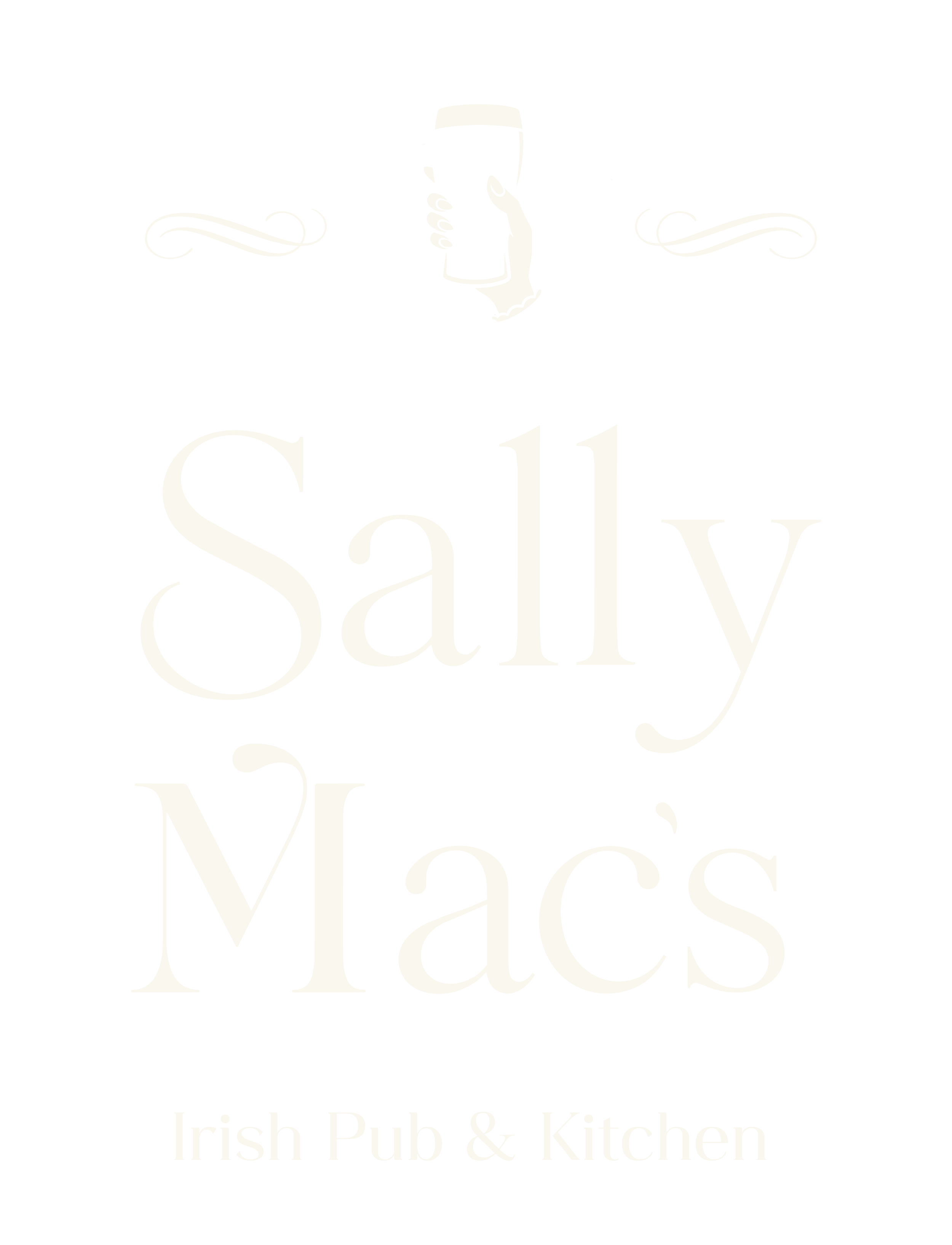 Logo for Sally's Irish Pub & Kitchen featuring a hand holding a glass of dark beer, with decorative swirls on either side and the text "Sally Mac's Irish Pub & Kitchen" .