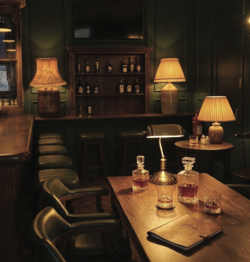 A cozy bar room with wooden furniture, green walls, and warm lighting from table lamps. The table has glass decanters and a menu, with a bar counter and bottles of alcohol in the background.