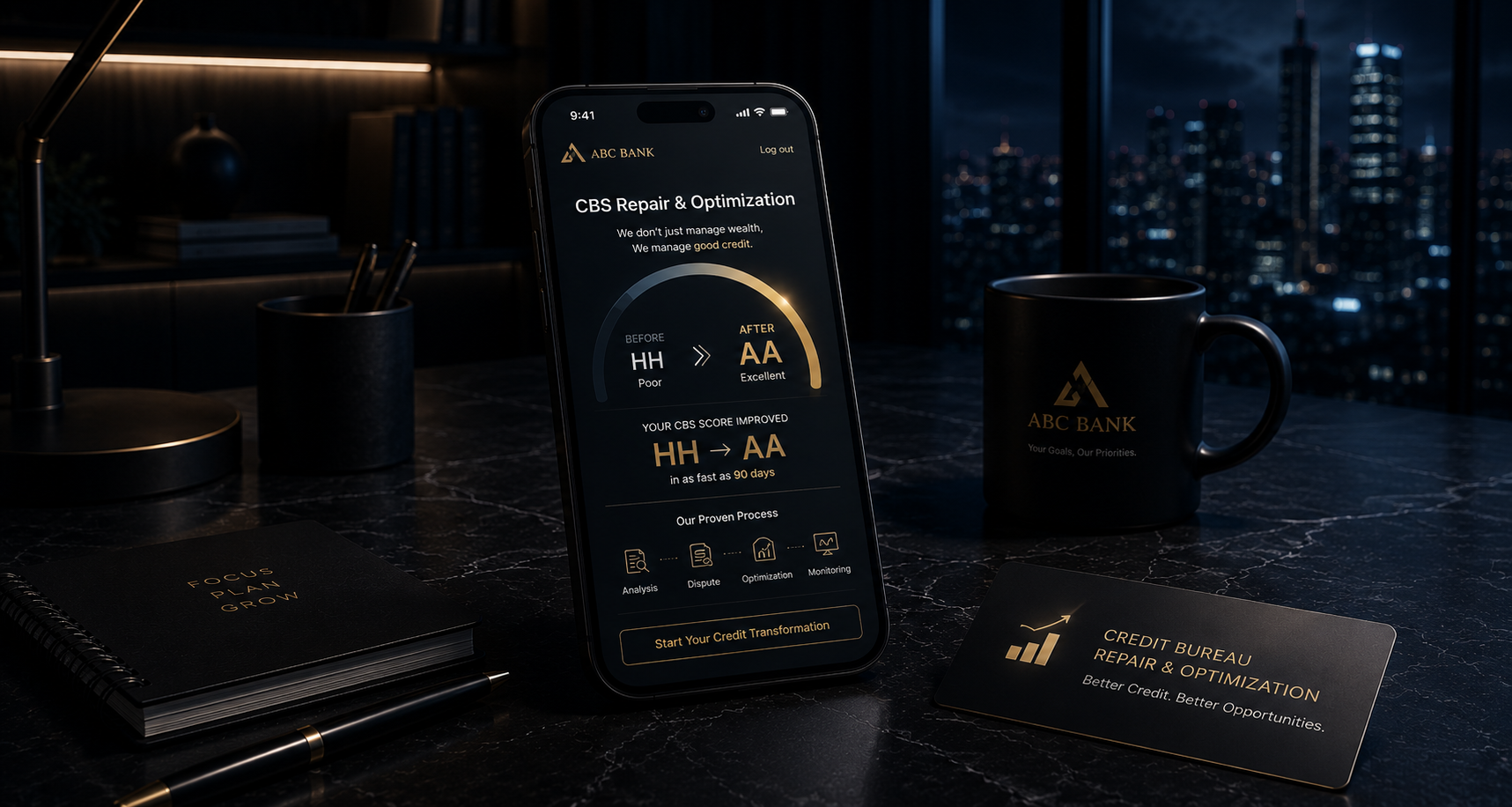 Nighttime cityscape seen through large windows. On a dark marble desk, a smartphone displays a credit score improvement app from ABC Bank, showing a rise from poor to excellent. Nearby are a black notebook labeled "Focus Plan Grow," two pens, a black mug with the ABC Bank logo, and a black card reading 'Credit Bureau Repair & Optimization, Better Credit, Better Opportunities.'