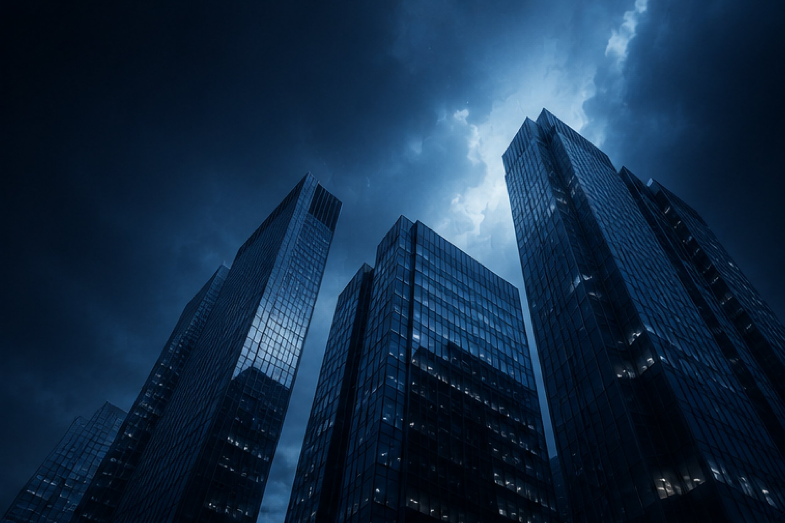 Tall modern glass skyscrapers under dark stormy sky with clouds