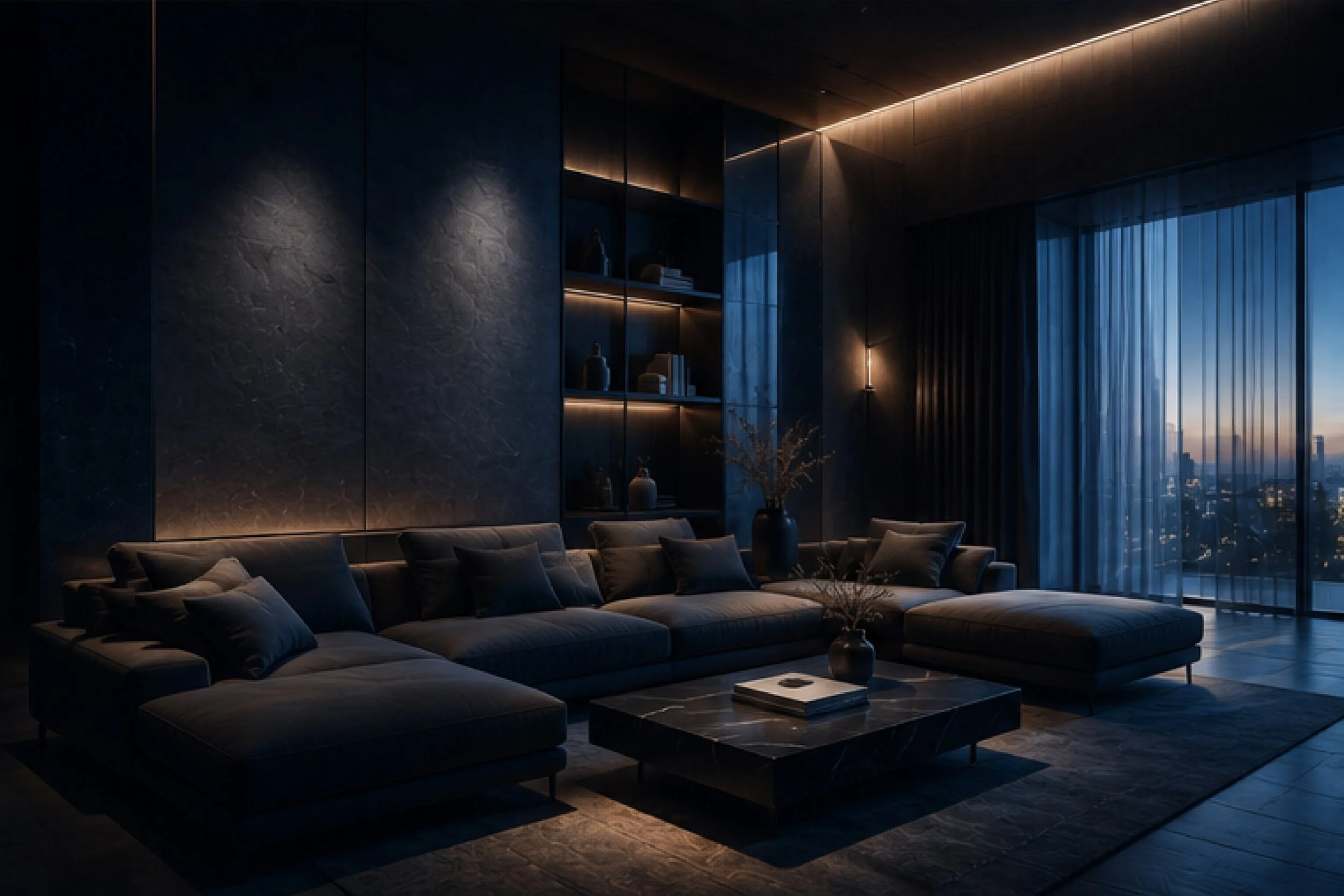 Modern living room with dark furniture, plush L-shaped sofa with pillows, a coffee table with books, and a large window with sheer curtains showing a city skyline at dusk.