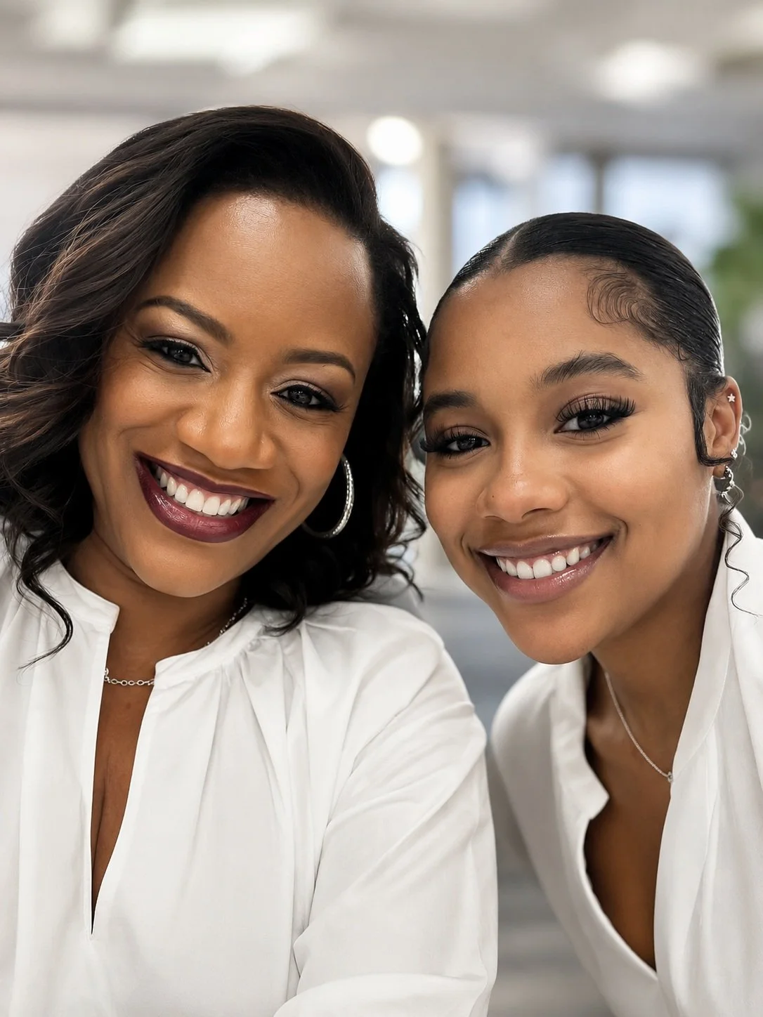 Two women smiling, close-up portrait, wearing white tops, indoors with blurred background.