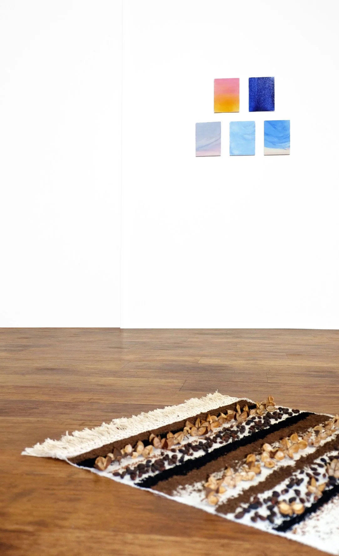 A white wall with five small colorful abstract paintings, and a wooden floor with a patterned rug featuring natural elements like leaves and flowers.