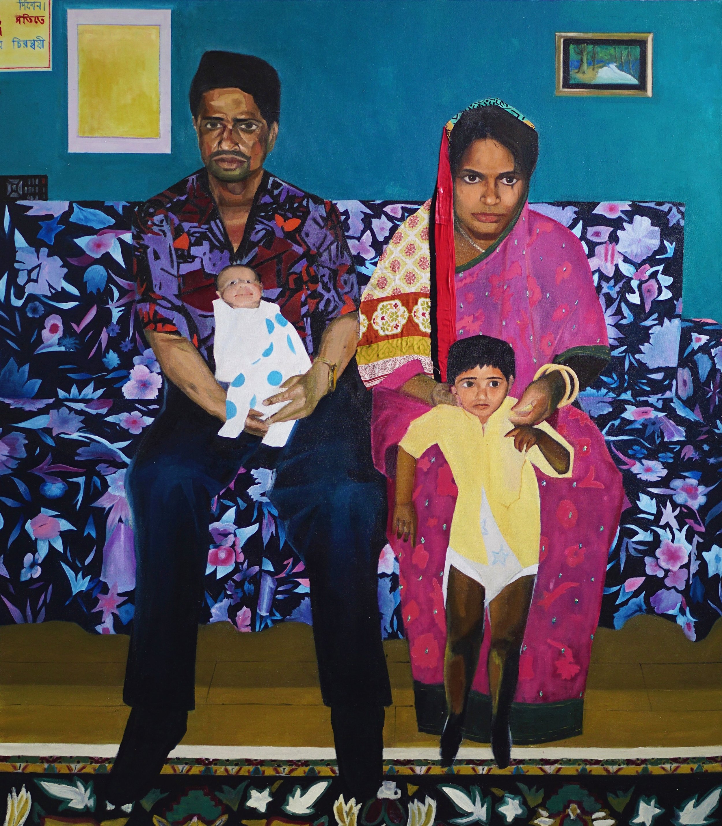 A painted portrait of a family sitting on a floral-patterned sofa in a room with teal walls, including a man with black hair, a woman in a pink sari, and two children, one an infant and the other a young boy.