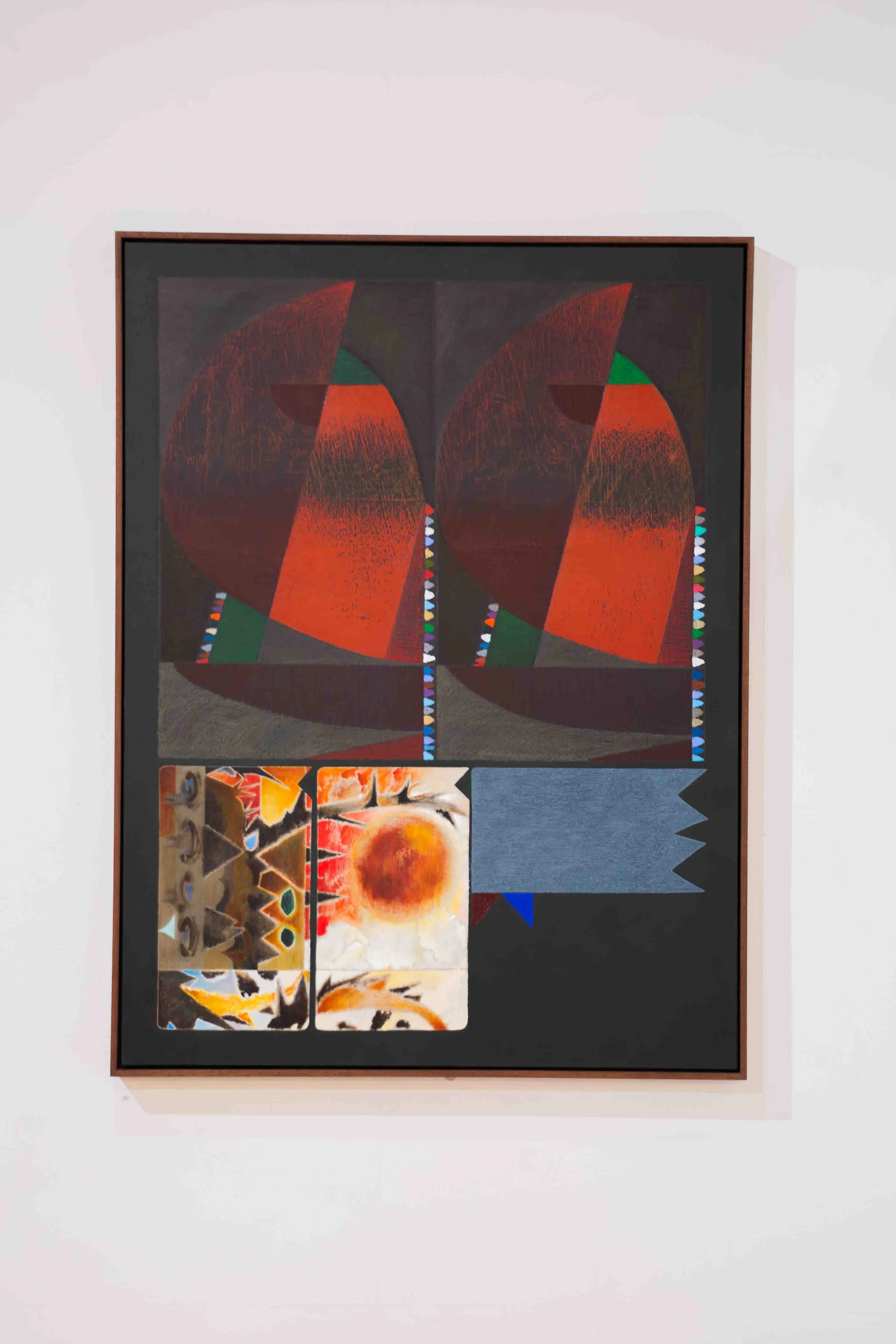 A framed abstract artwork featuring a mirrored design of large semi-circular reddish-brown shapes, colorful dotted lines, and various smaller, vibrant abstract paintings below.